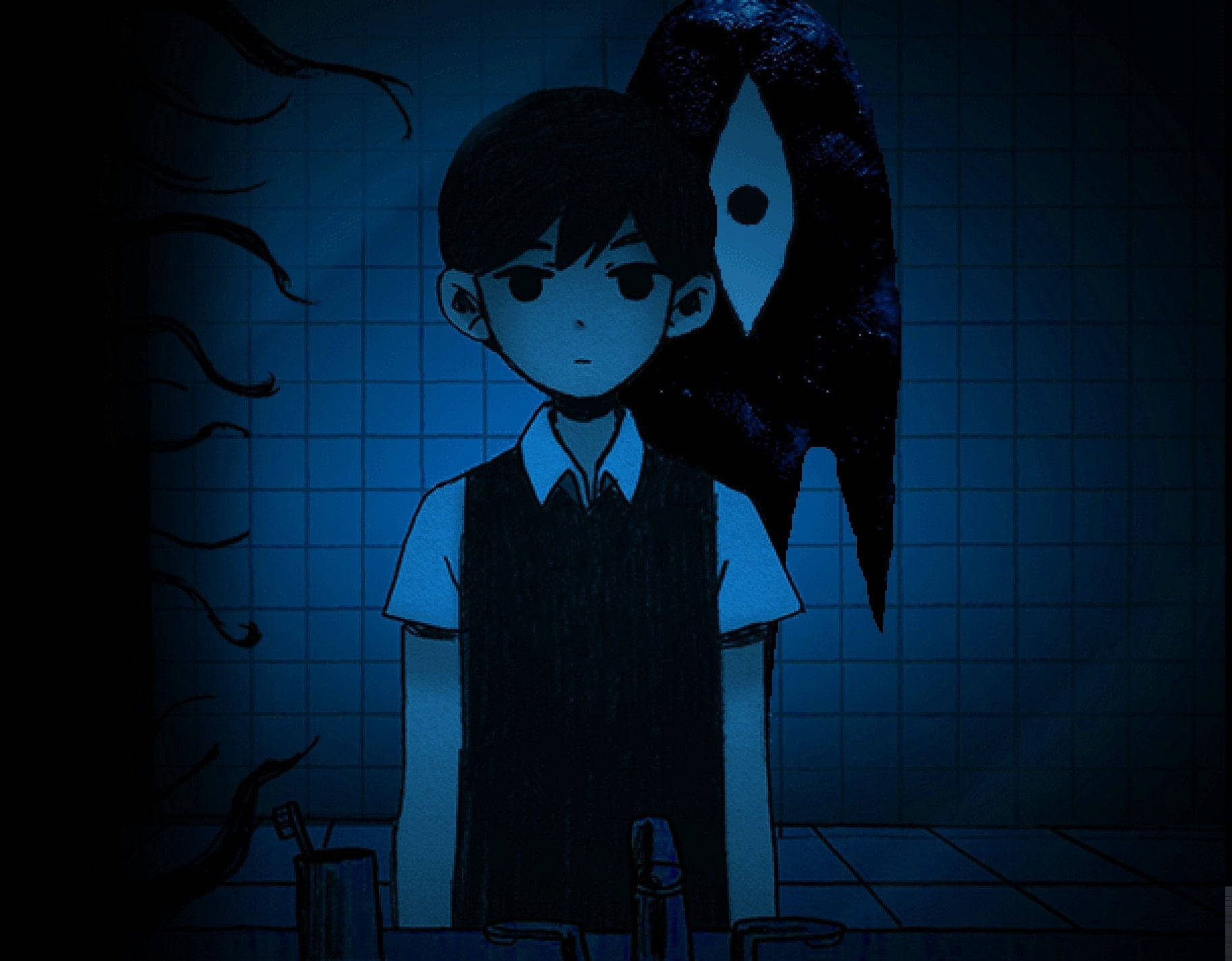 Omori, young boy, dim blue-tiled bathroom, HD Desktop Wallpaper