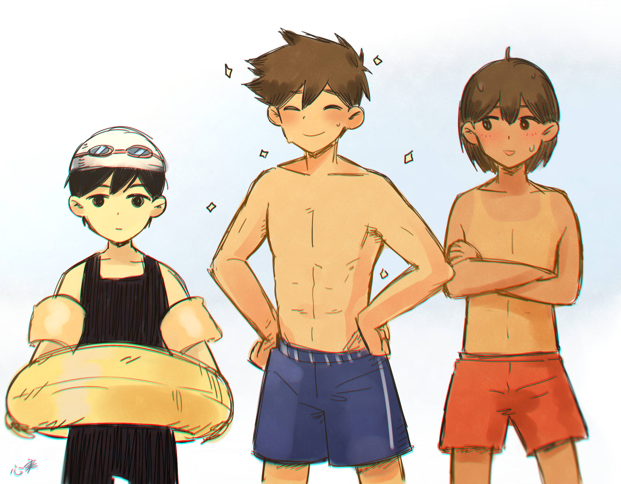 Omori, three boys, swimwear, Full HD Desktop Wallpaper