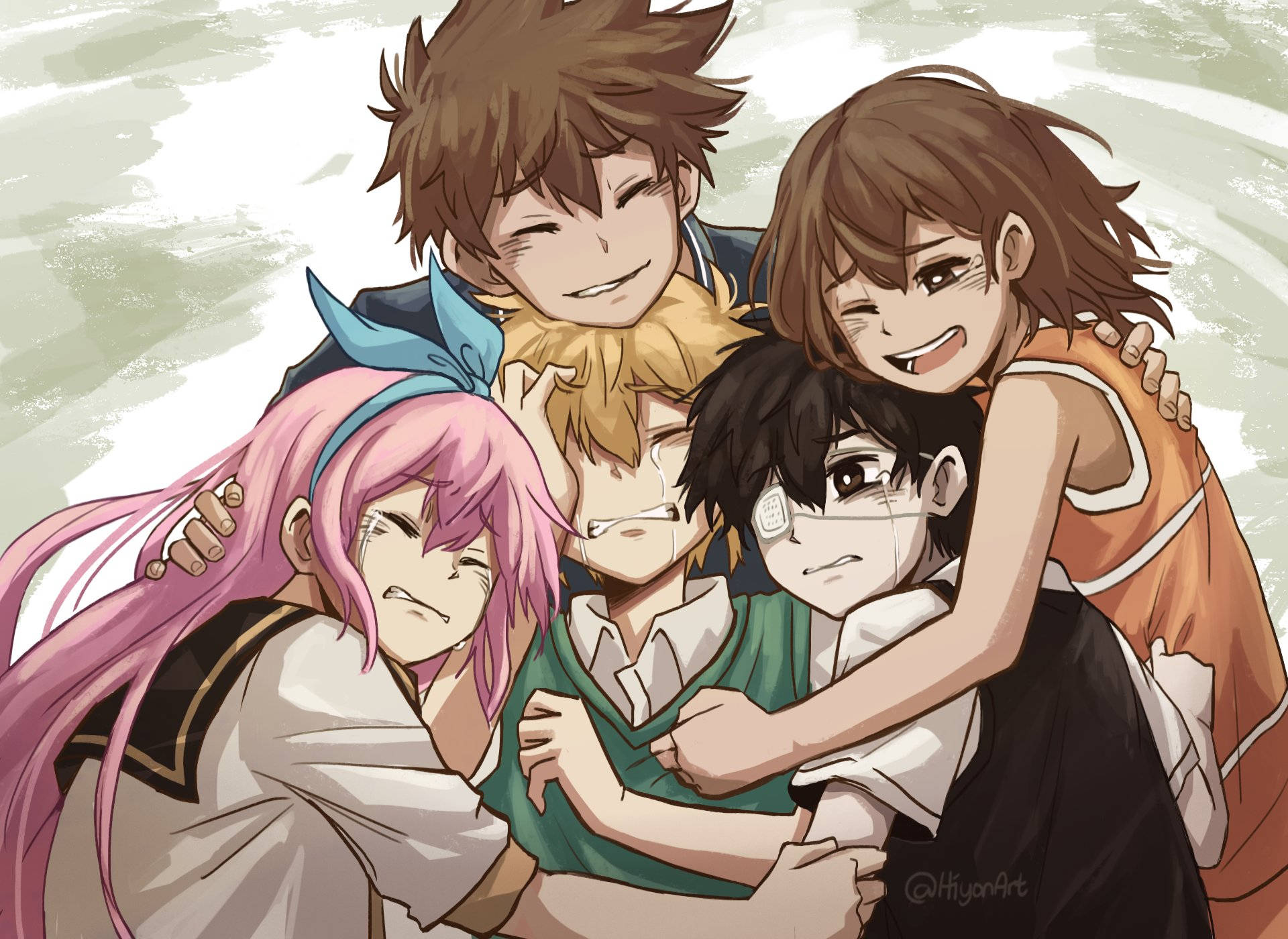 Omori, group hug, anime characters, Full HD Desktop Wallpaper