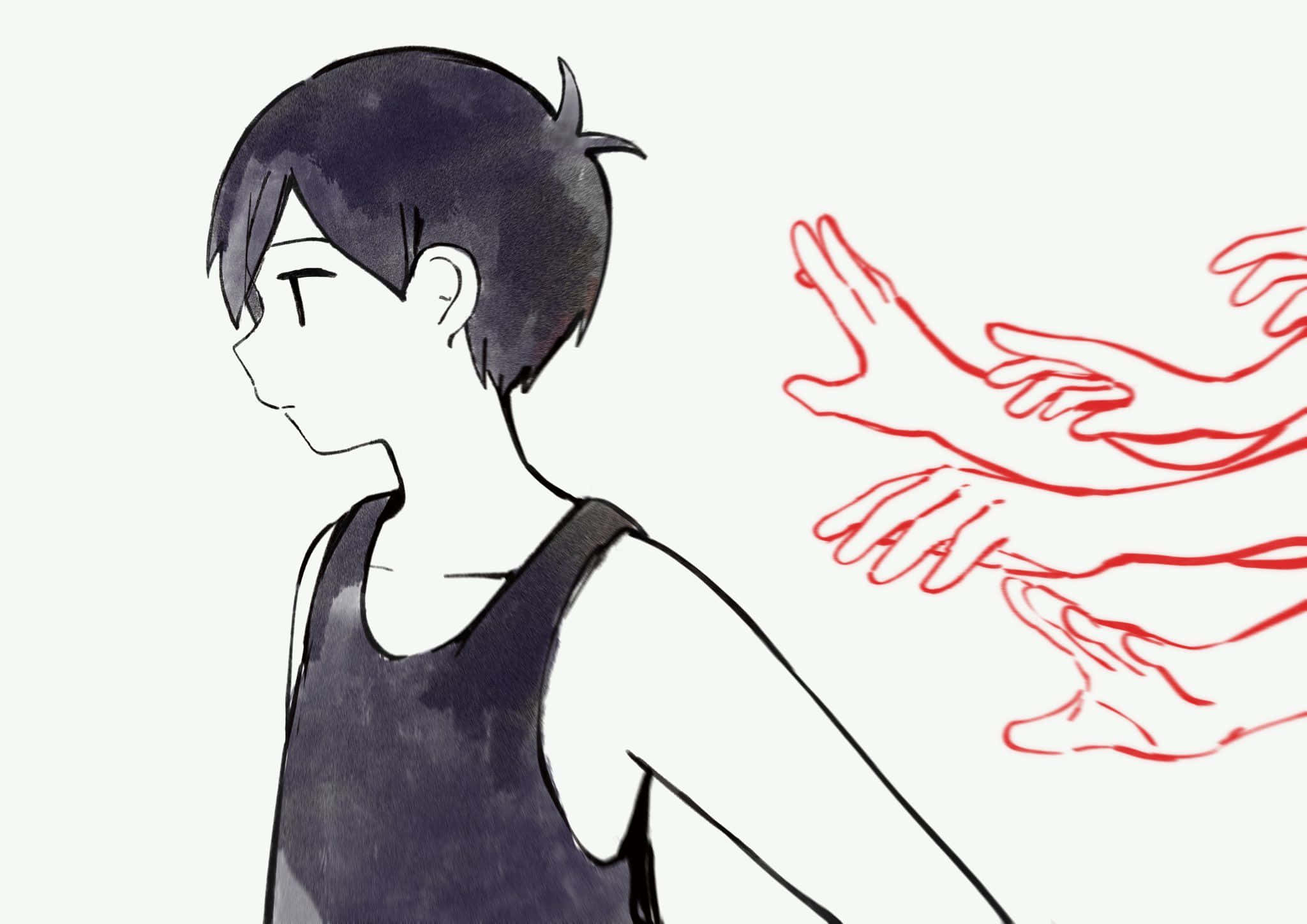 Omori, red hands, young anime boy, Full HD Desktop Wallpaper