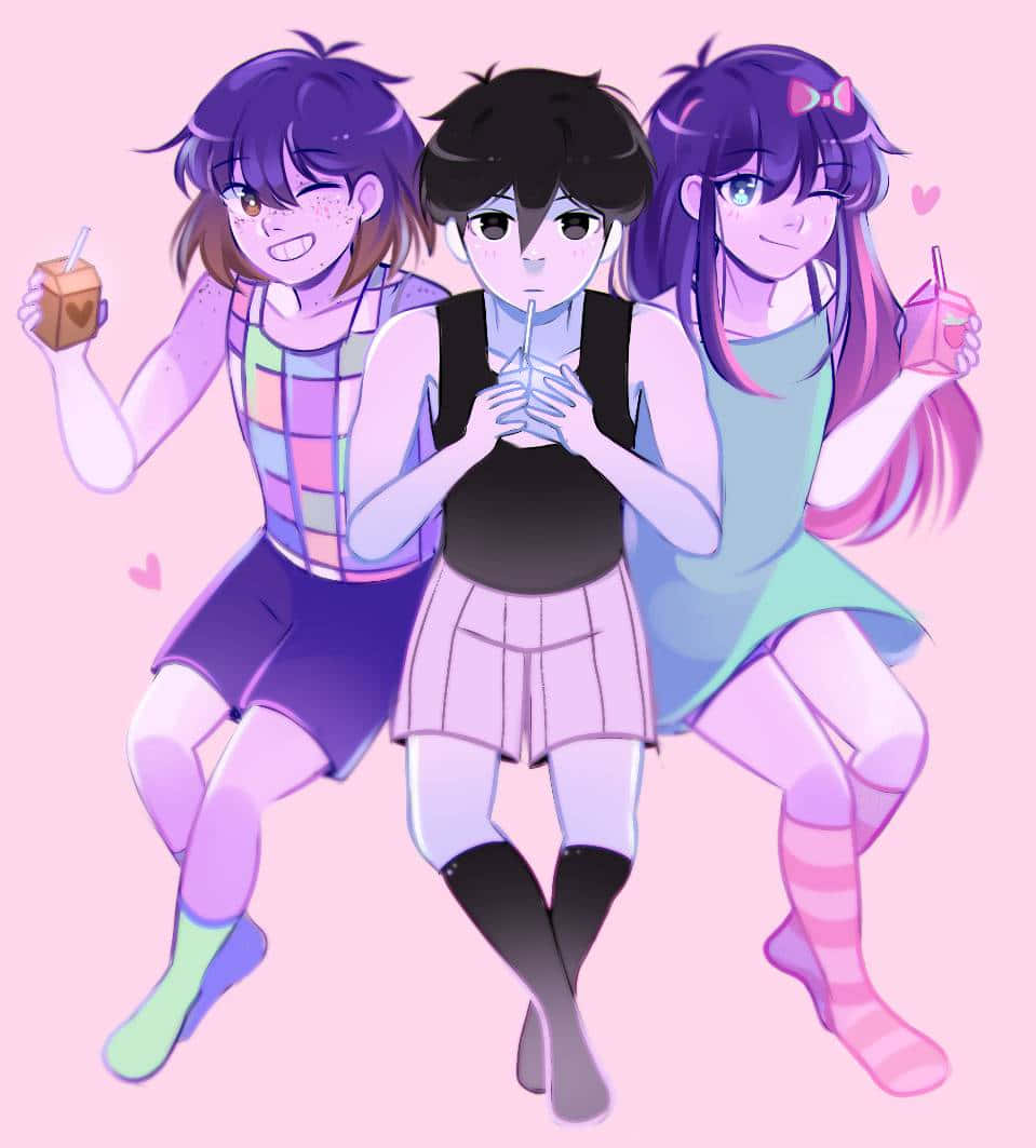 Omori, pastel outfits, soft pink background, SD Phone Wallpaper