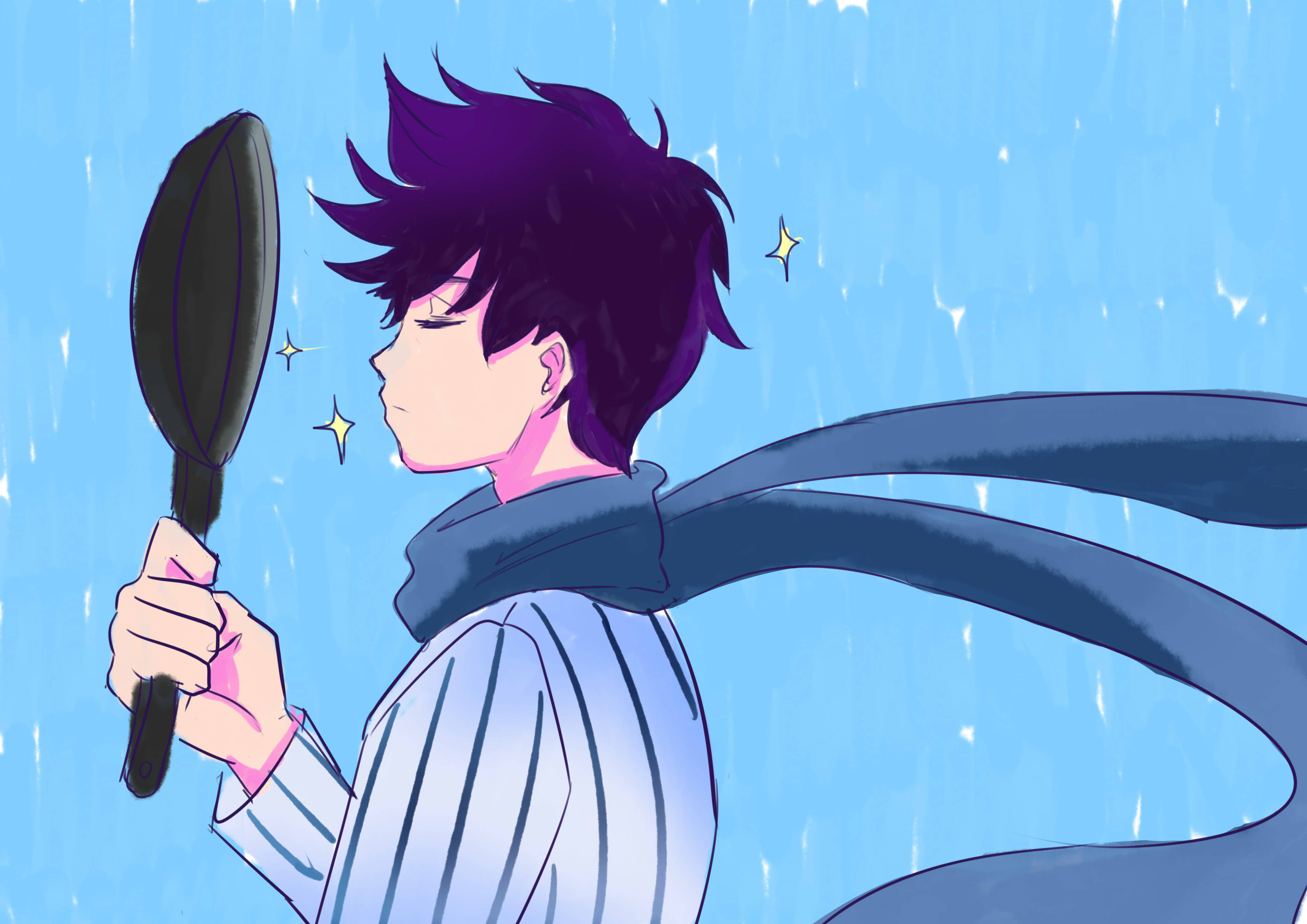Omori, purple-haired anime boy, striped shirt, 4K Desktop Wallpaper