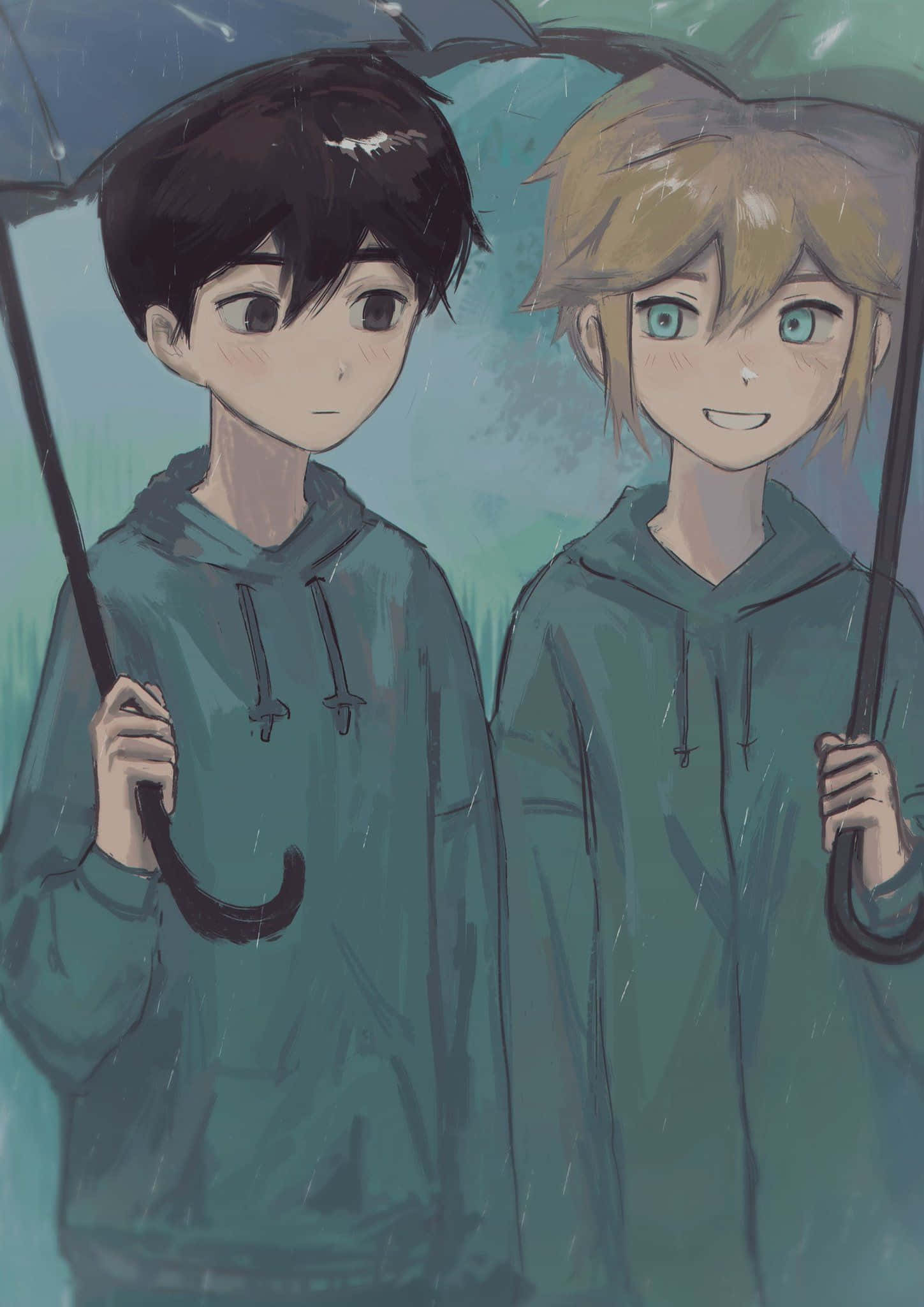 Omori, green hoodies, rainy umbrella, Full HD Phone Wallpaper