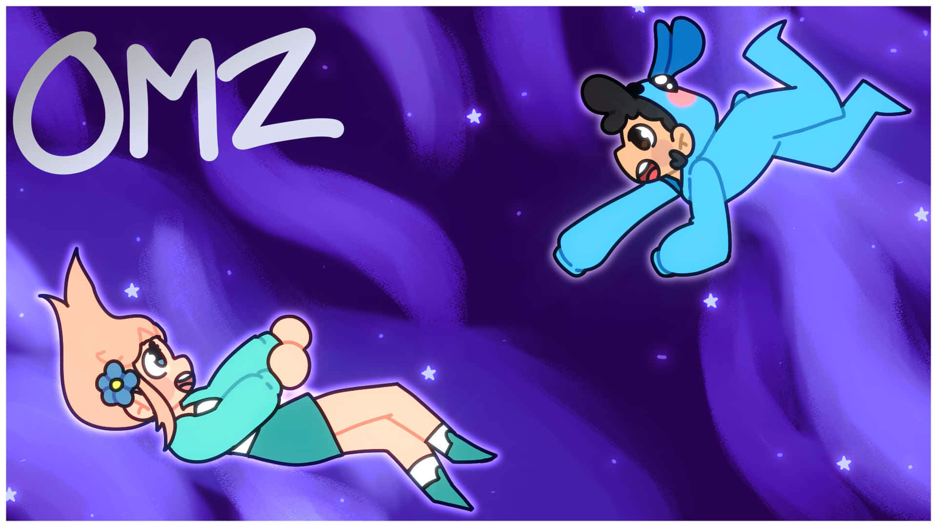 Omz, cartoon characters, starry purple cosmic background, Full HD Desktop Wallpaper