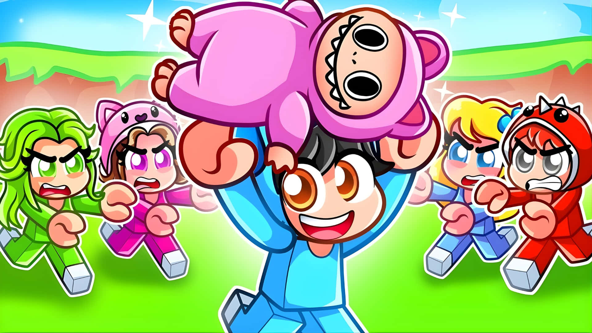 Omz, blue-clad character, pink baby monster, Full HD Desktop Wallpaper