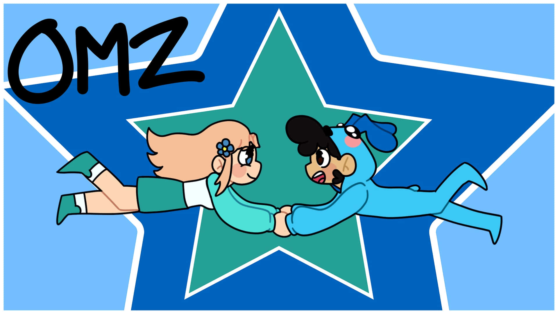 Omz, blue and green outfits, star-shaped blue background, Full HD Desktop Wallpaper