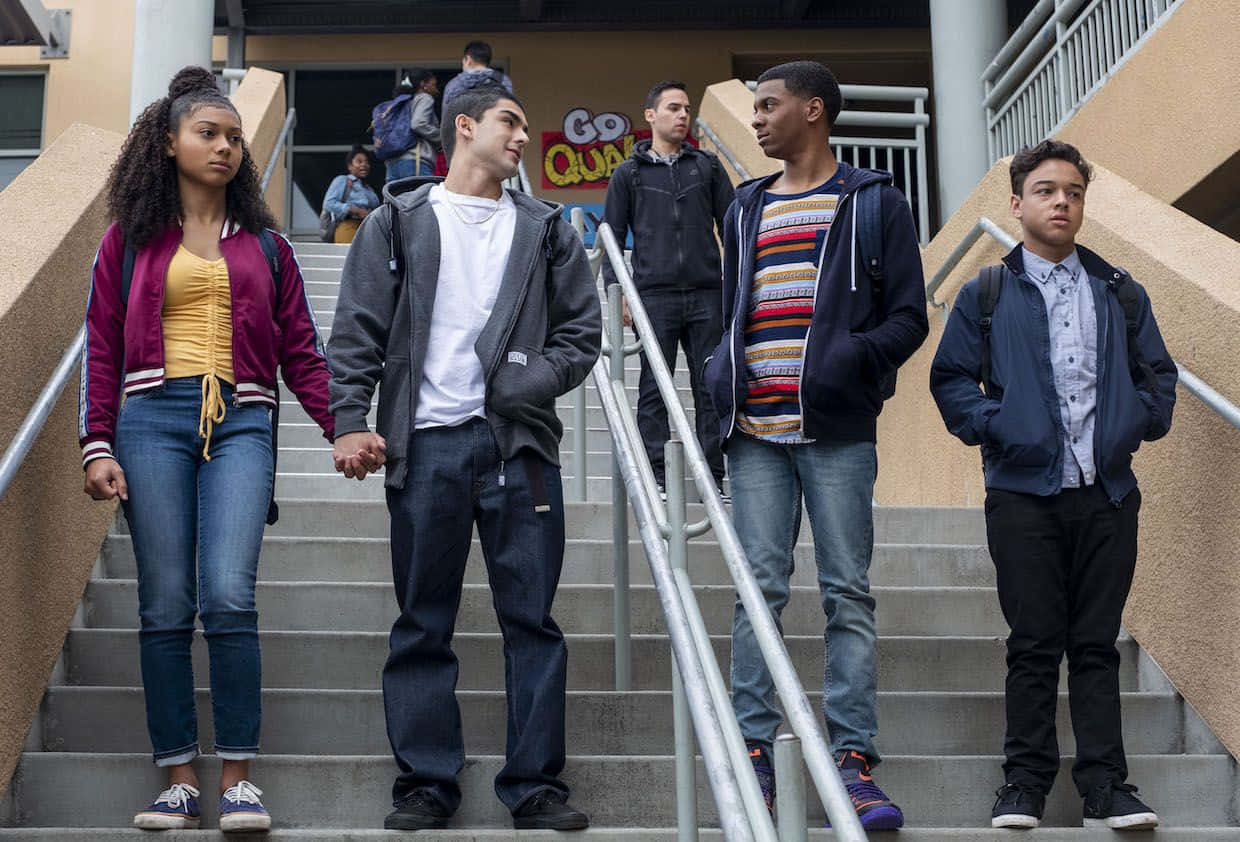 On My Block, teenagers, concrete school stairs, SD Desktop Wallpaper