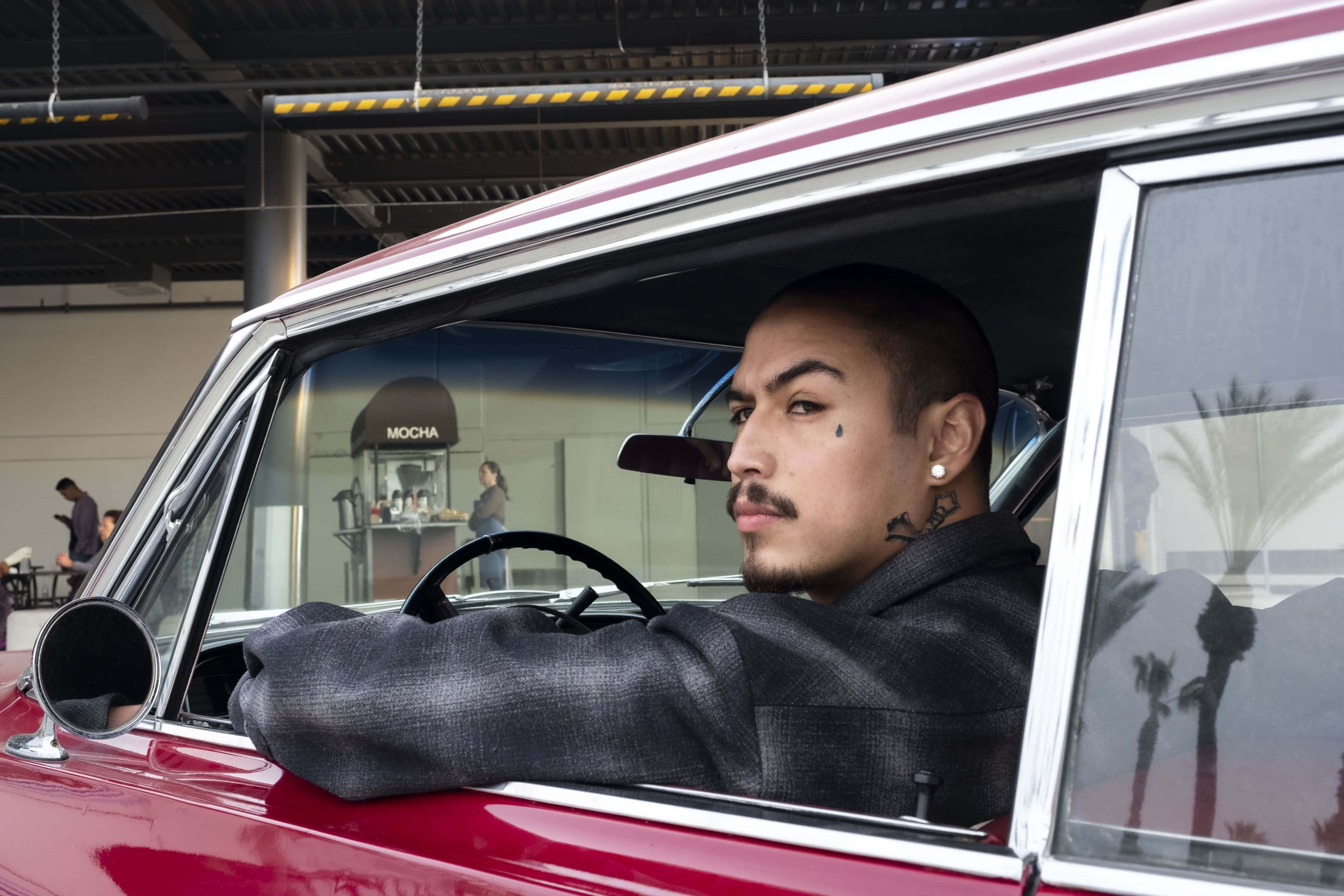 red classic car, tattoos, goatee, 2K Desktop Wallpaper