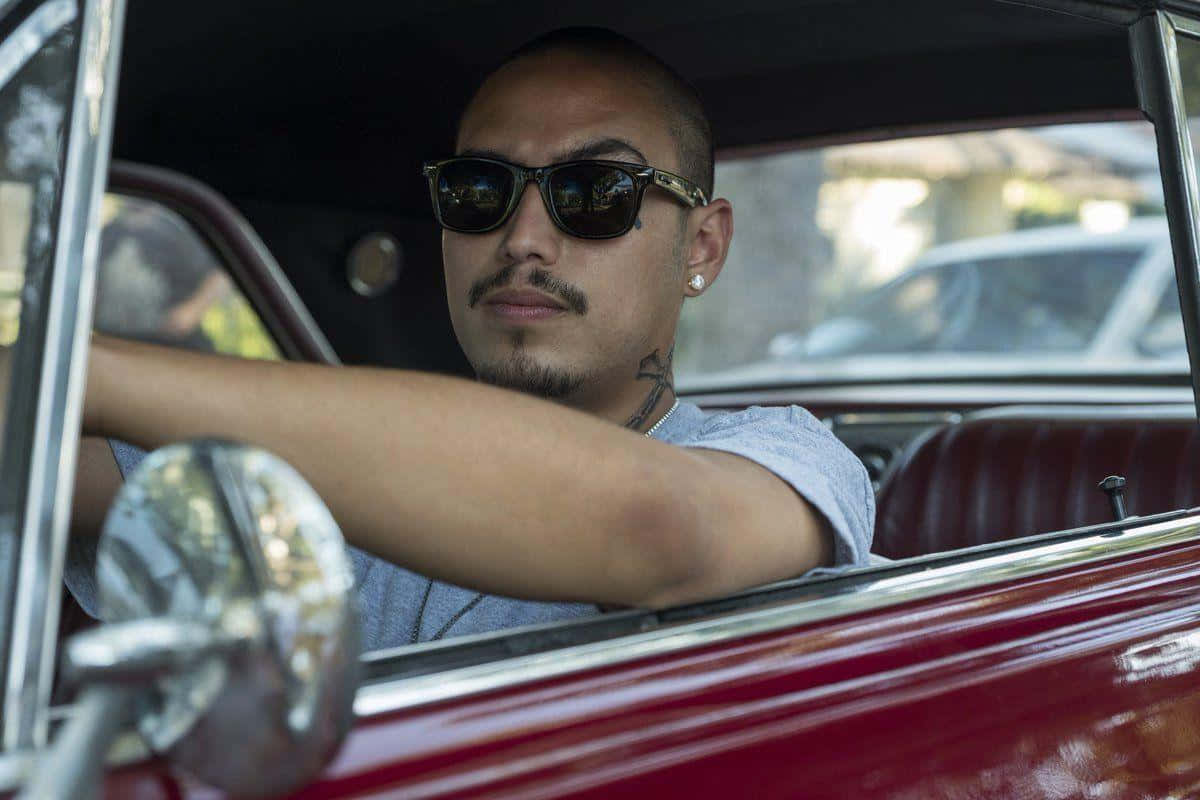 sunglasses, tattoo, vintage red car, SD Desktop Wallpaper