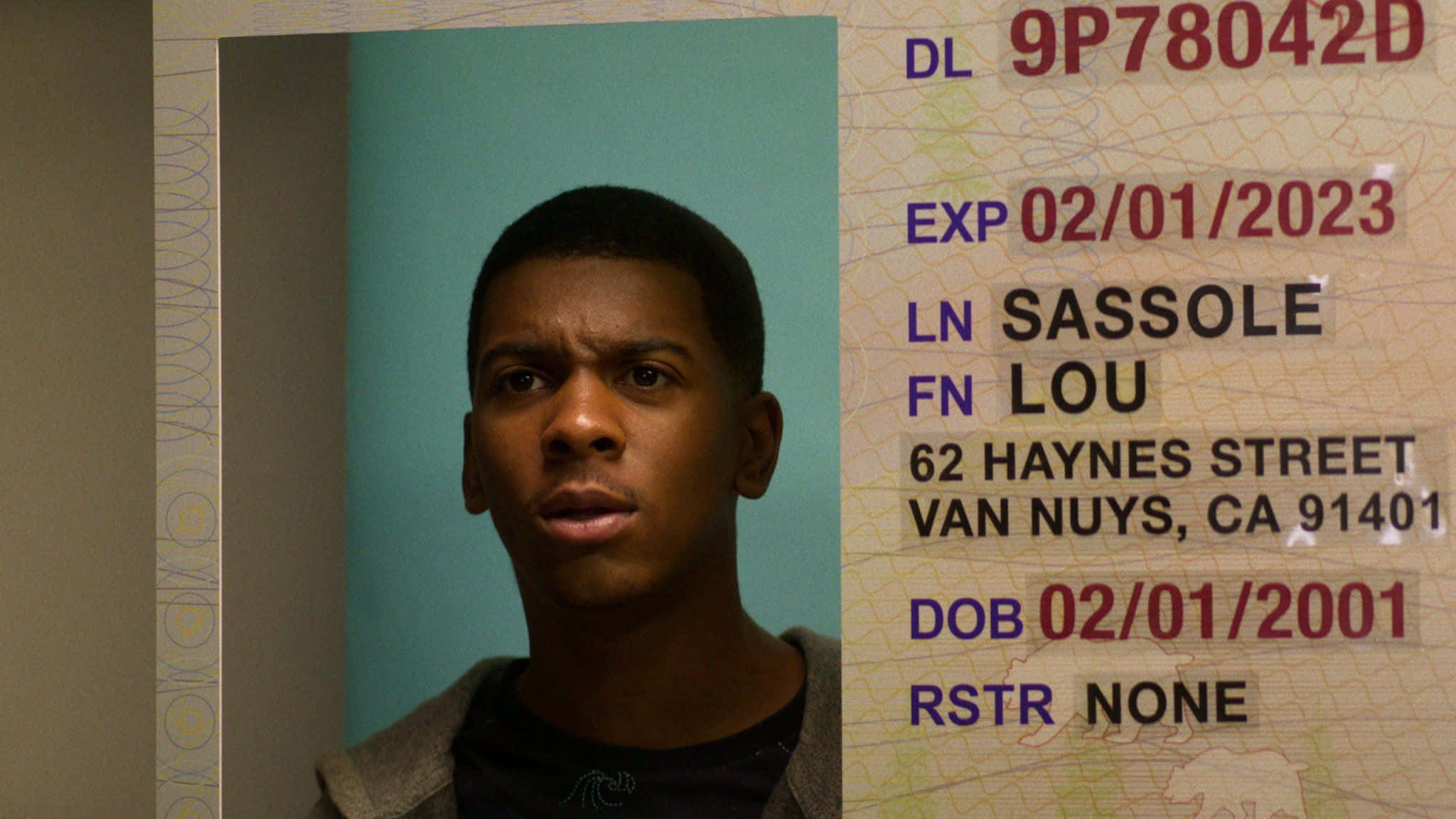 teal background, driver's license overlay, mugshot-style photo, Full HD Desktop Wallpaper