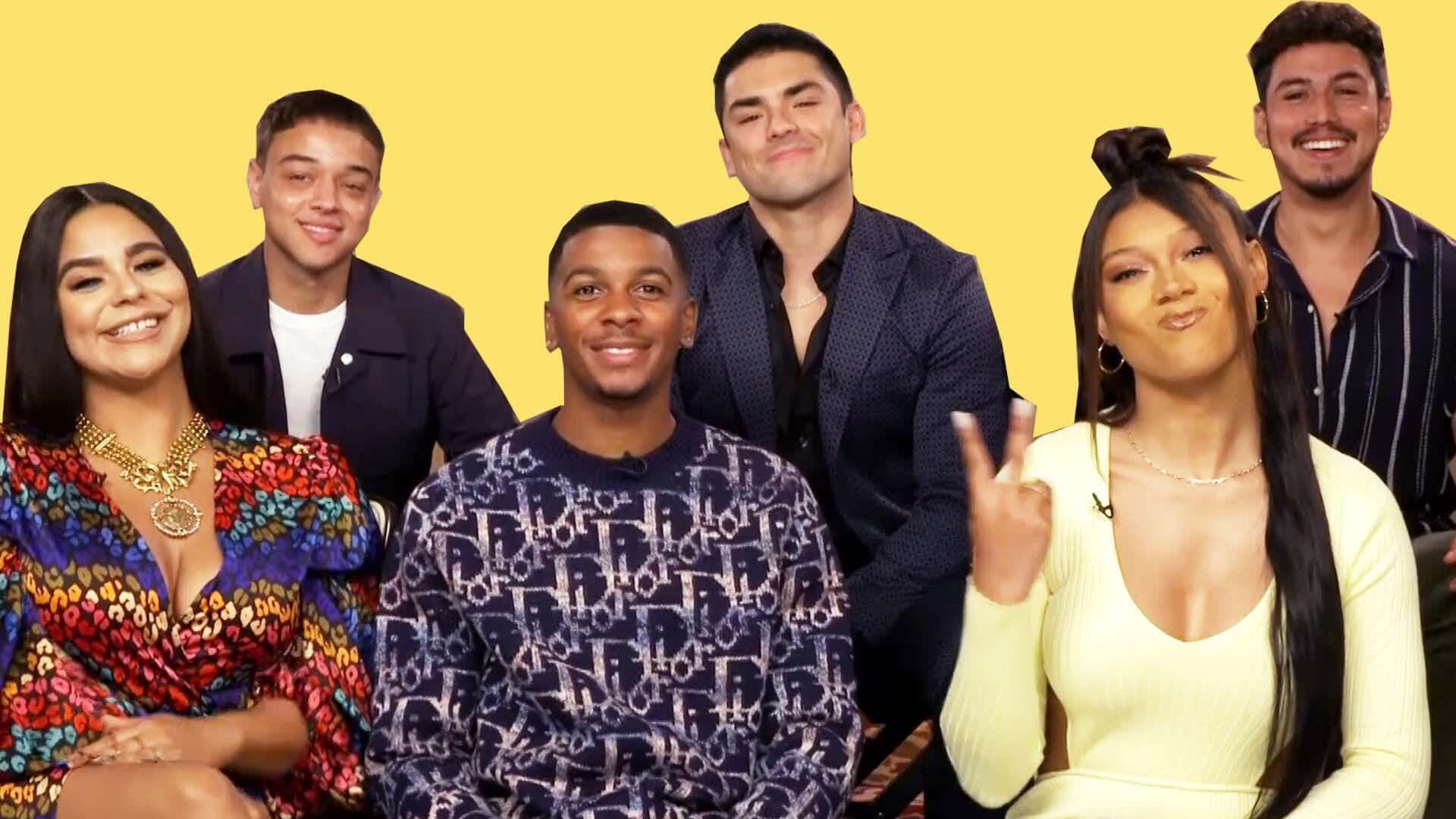 On My Block, yellow background, six smiling young adults, Full HD Desktop Wallpaper