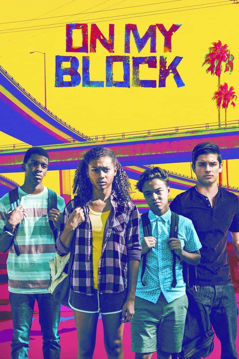 On My Block, vibrant yellow background, bold graffiti-style text, SD Phone Wallpaper