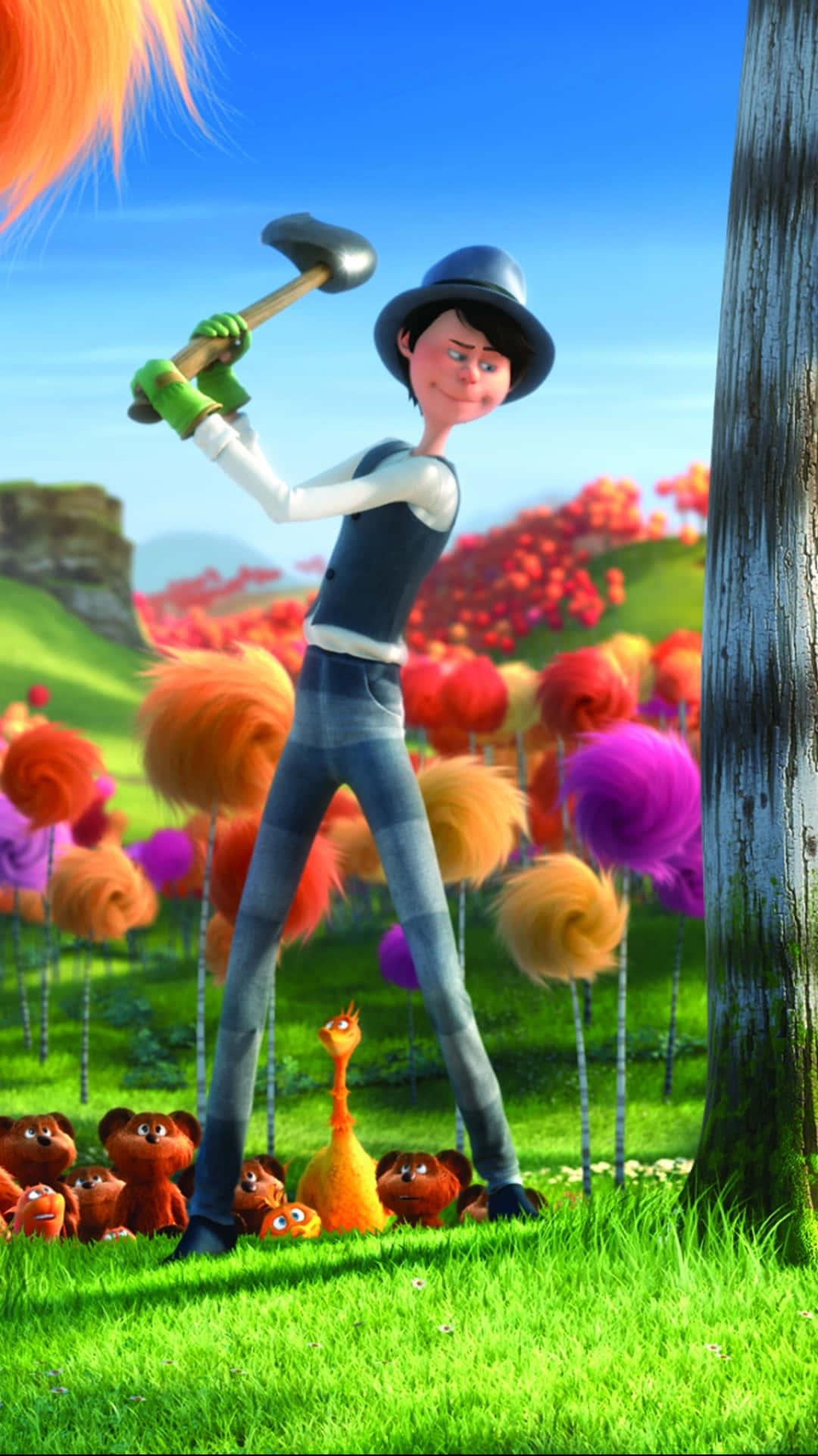 Onceler, chopping tree, animated man in a hat, Full HD Phone Wallpaper