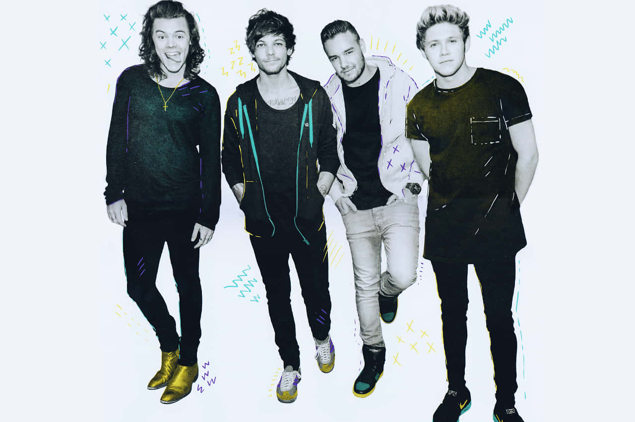 One Direction, white background, colorful graphic accents, HD Desktop Wallpaper