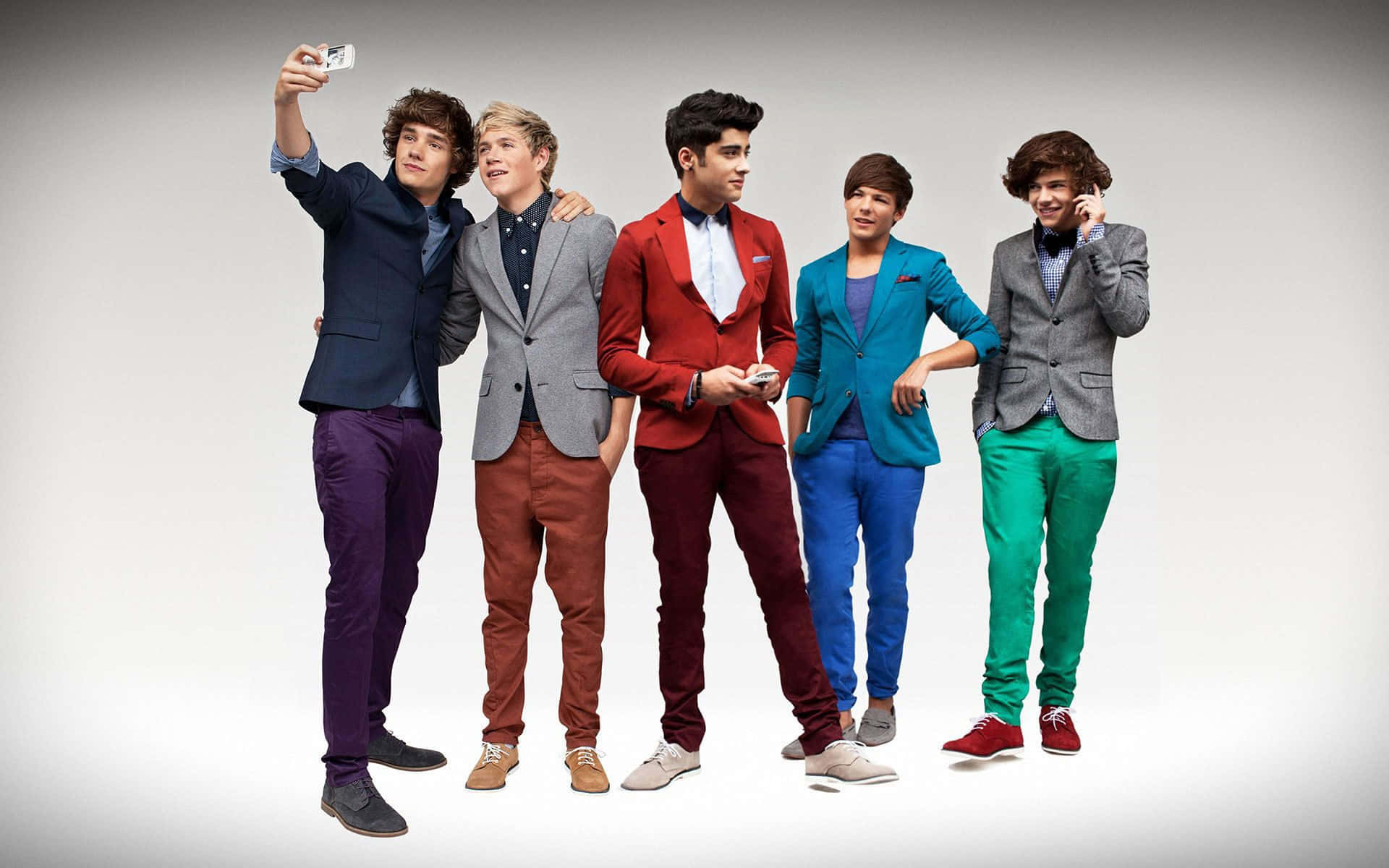 One Direction, colorful suits, playfully, Full HD Desktop Wallpaper