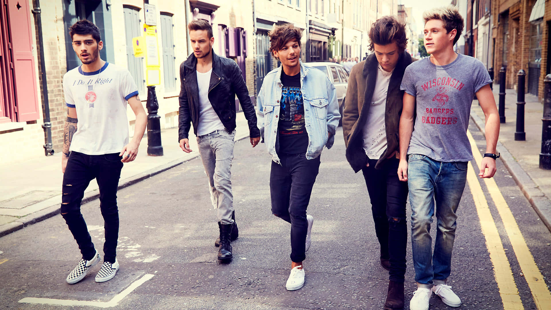 One Direction, laptop, sunlit urban sidewalk, Full HD Desktop Wallpaper