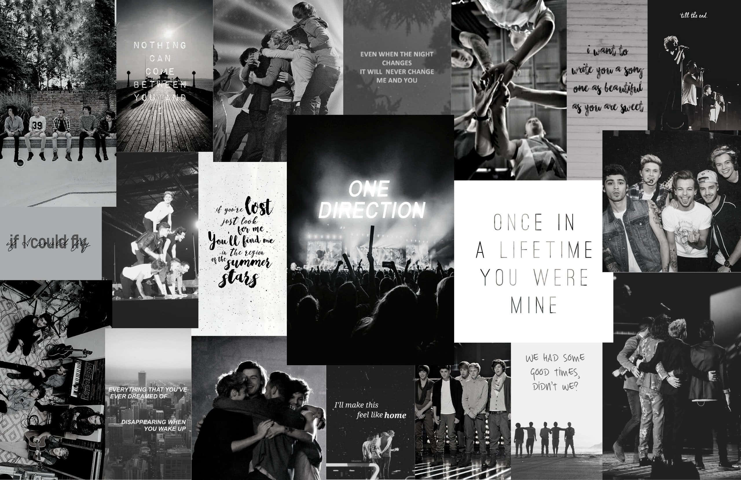 One Direction, black and white collage, fan photos, 2K Desktop Wallpaper