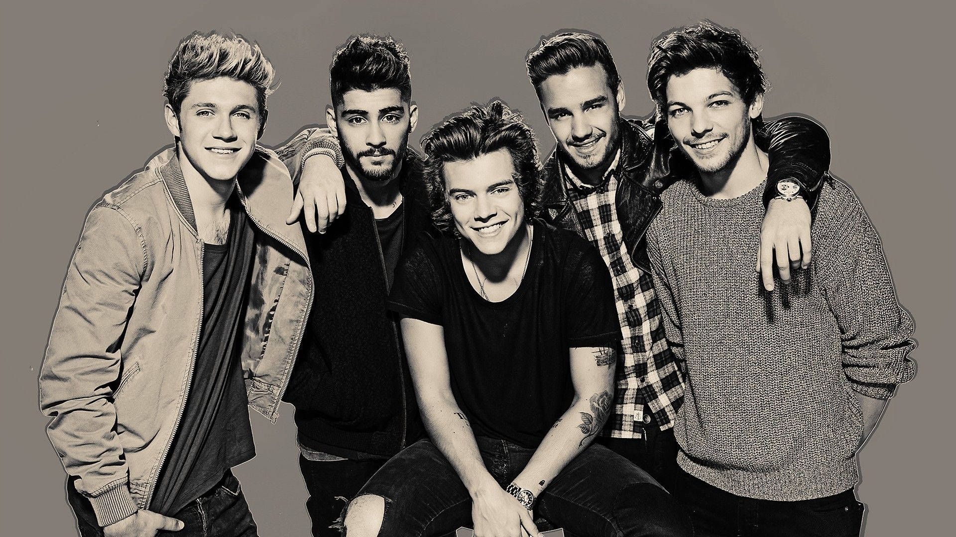 One Direction, greyscale, sepia-toned, Full HD Desktop Wallpaper