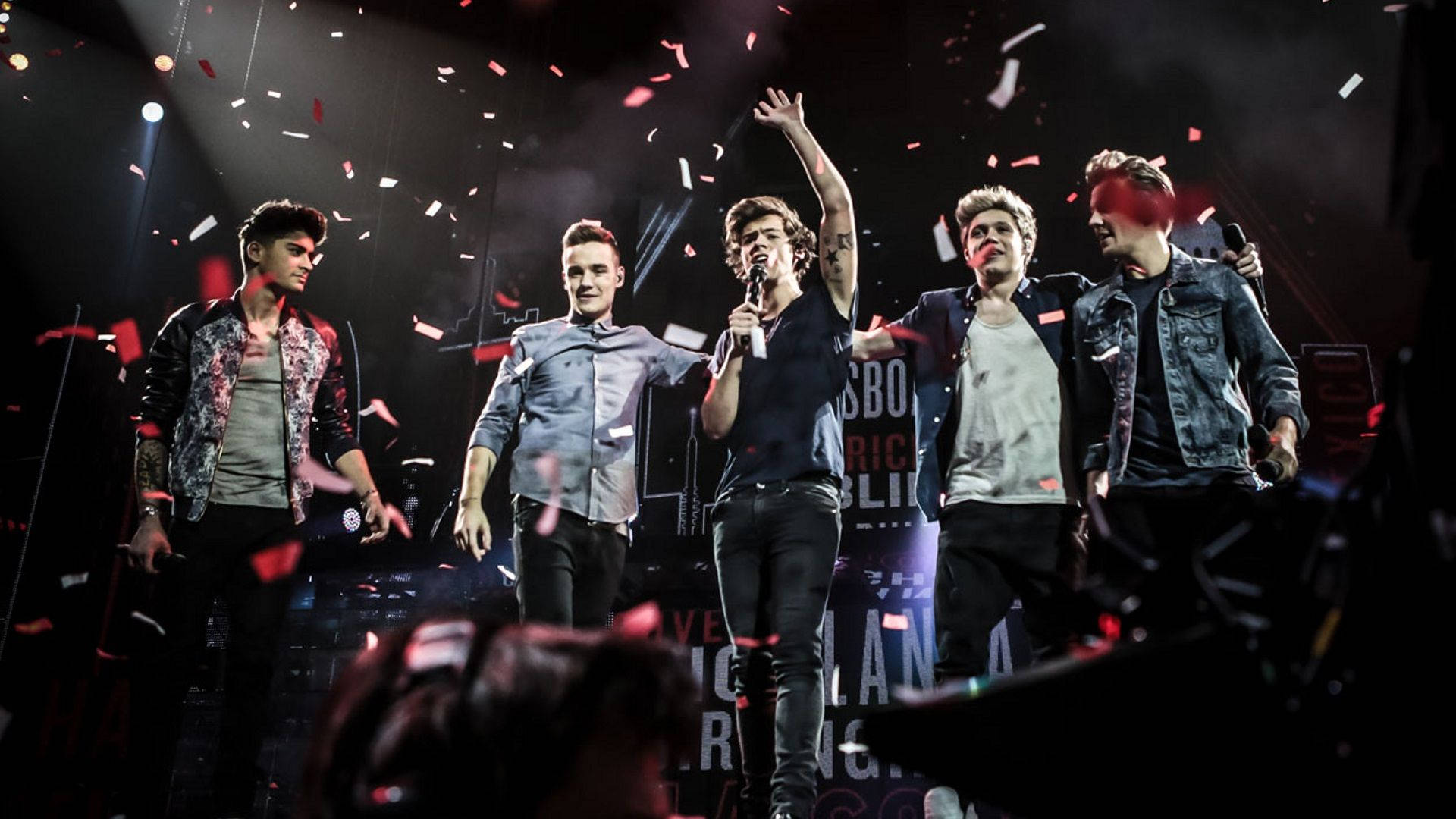 One Direction, dark stage, spotlights, Full HD Desktop Wallpaper