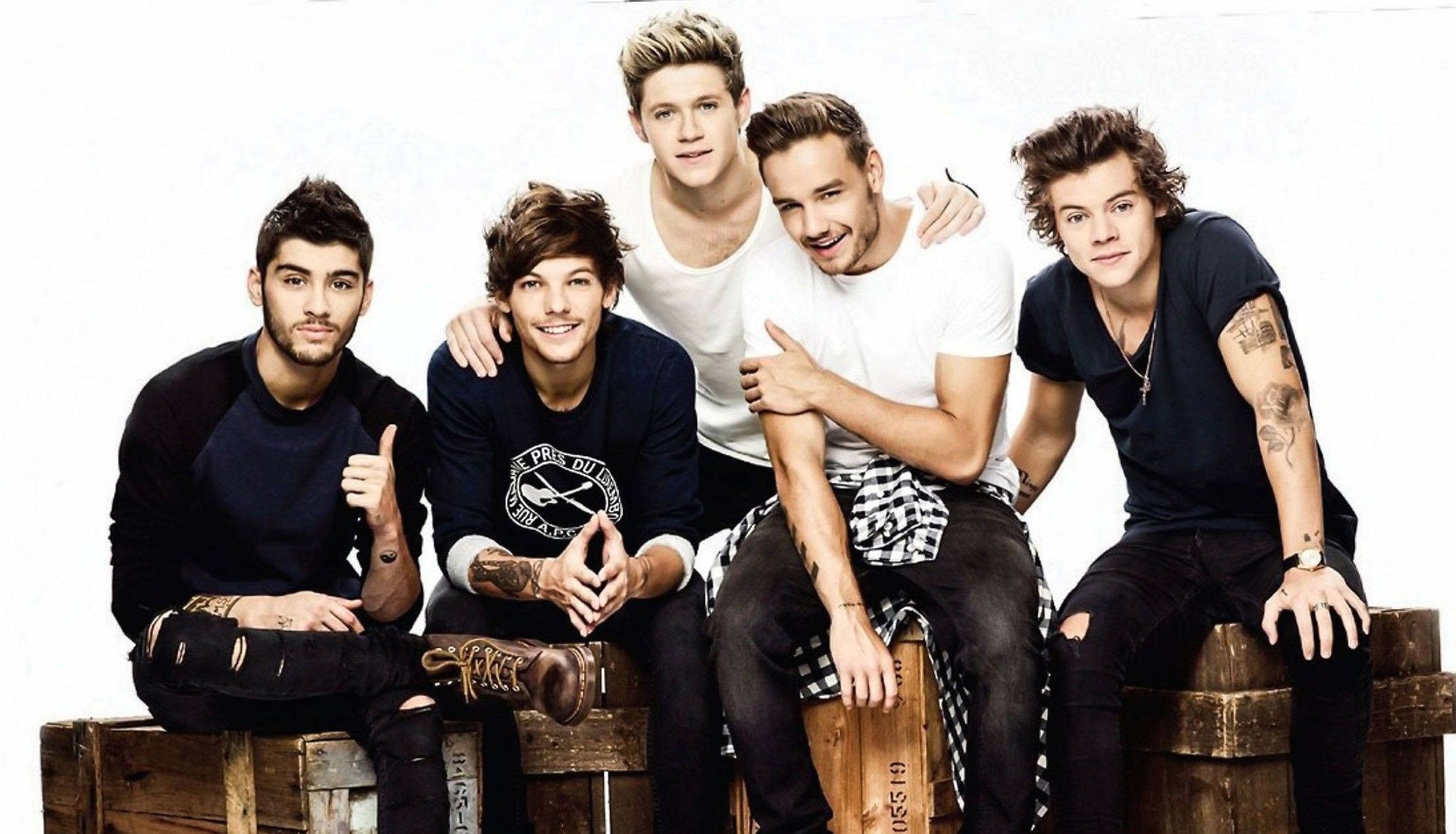 One Direction, wooden crates, plain white background, Full HD Desktop Wallpaper