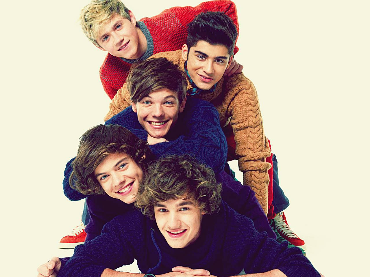 One Direction, five smiling young men, colorful knit sweaters, HD Desktop Wallpaper