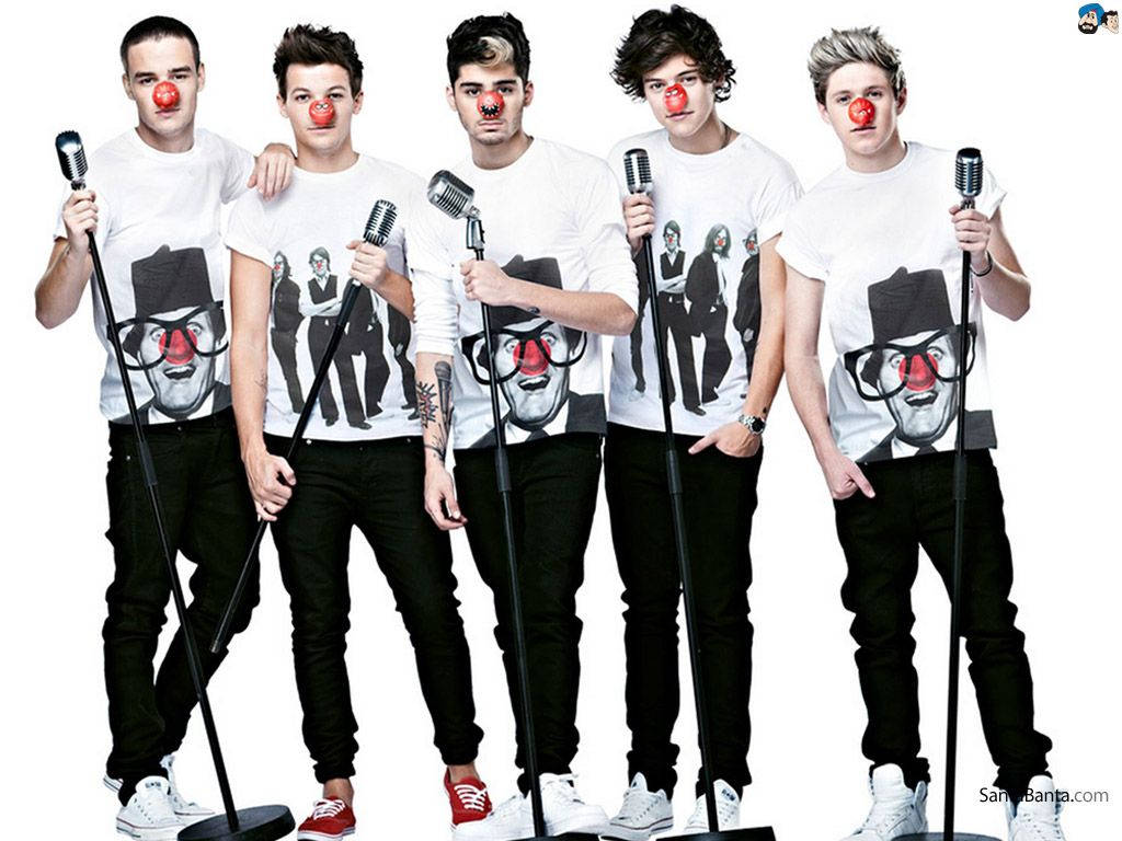 One Direction, clown faces, red noses, SD Desktop Wallpaper
