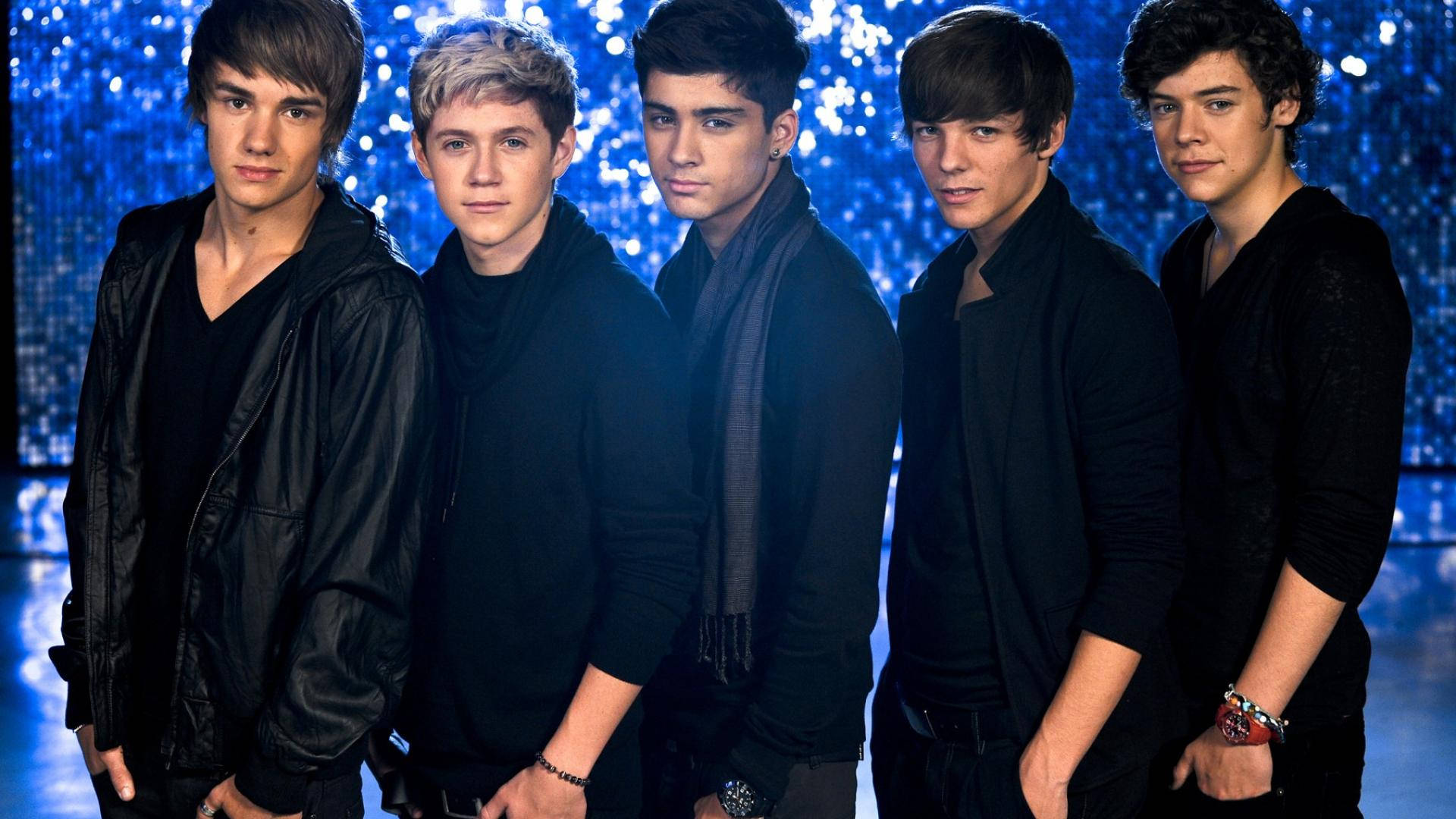 One Direction, black outfits, sparkling blue background, Full HD Desktop Wallpaper