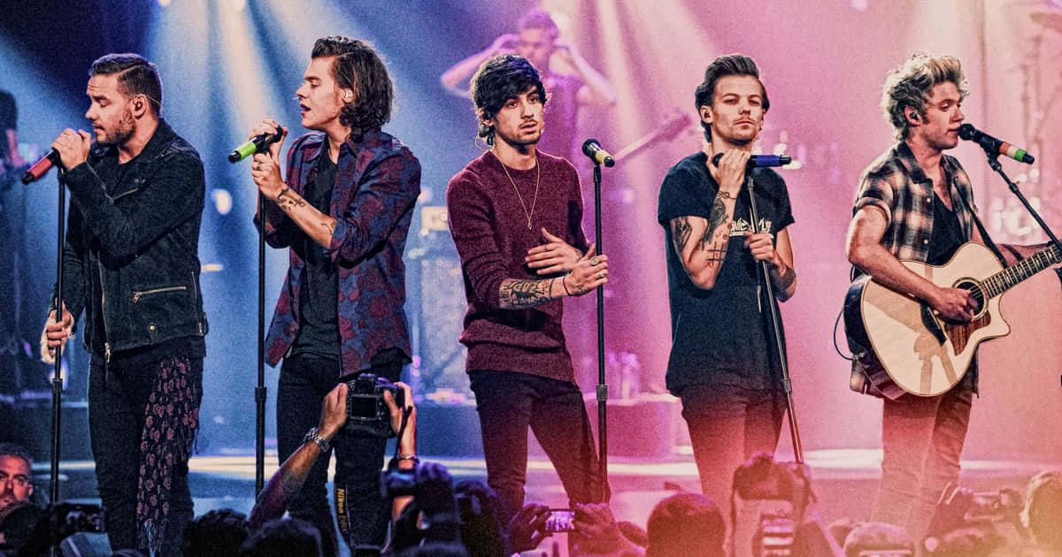 One Direction, vibrant pink and blue lights, live on stage, SD Desktop Wallpaper