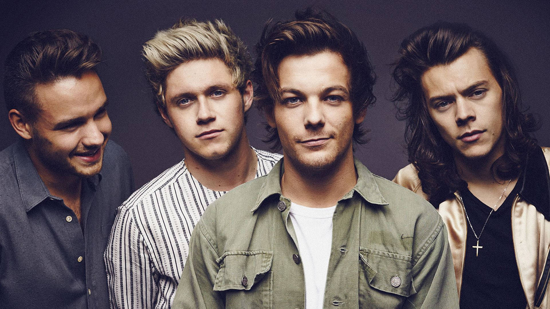 One Direction, dark studio backdrop, four stylish young men, Full HD Desktop Wallpaper