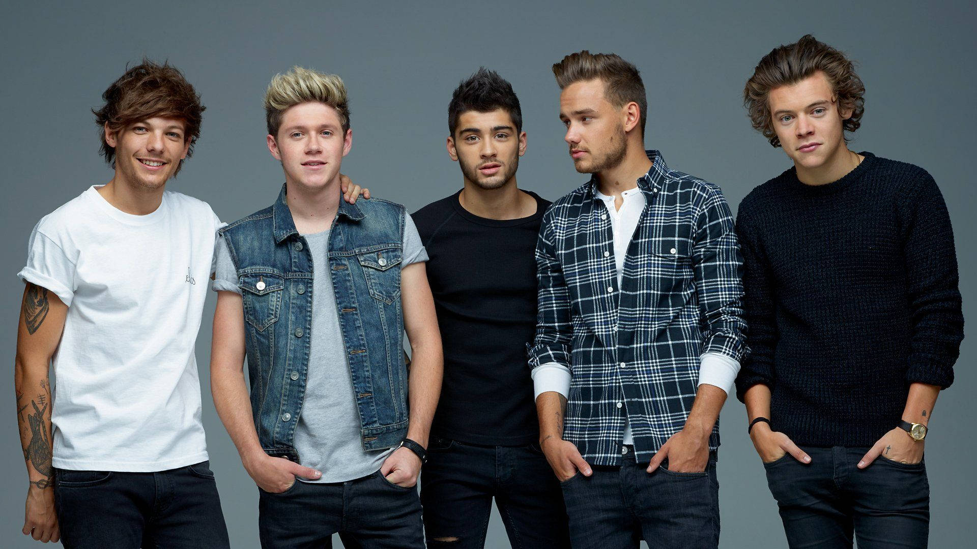 One Direction, gray studio background, five young men, Full HD Desktop Wallpaper