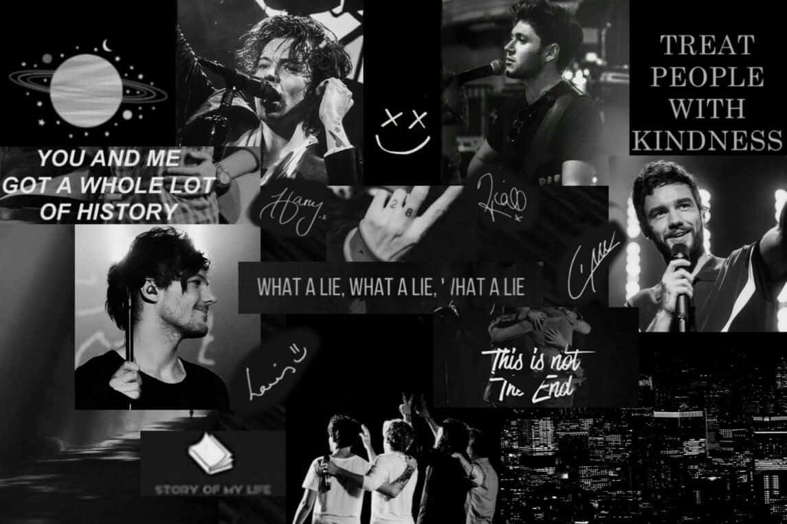One Direction, black and white collage, band members performing, SD Desktop Wallpaper