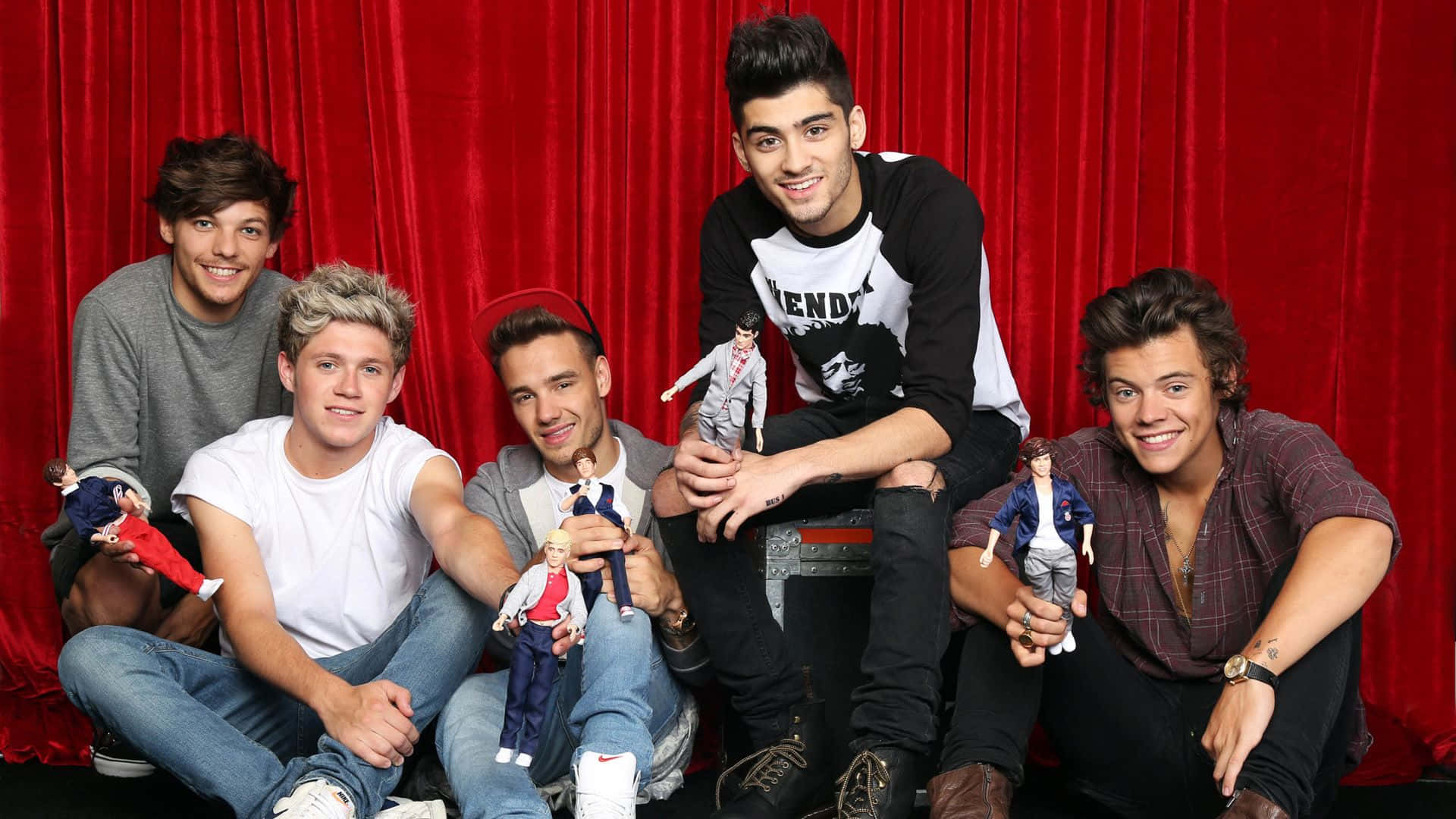 One Direction, red velvet curtains, five smiling young men, Full HD Desktop Wallpaper