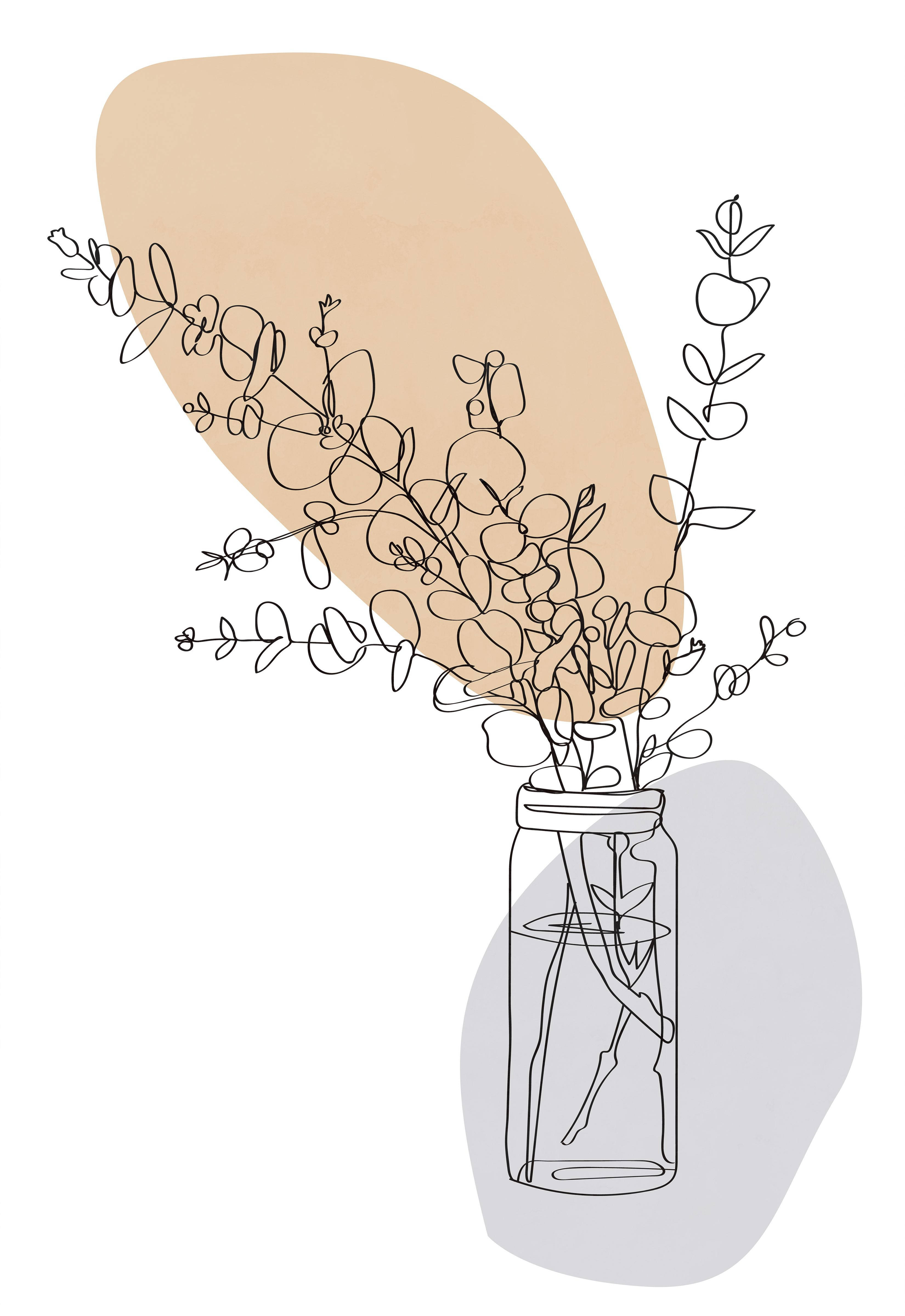 One Line Drawing, eucalyptus branches, glass jar, 4K Phone Wallpaper