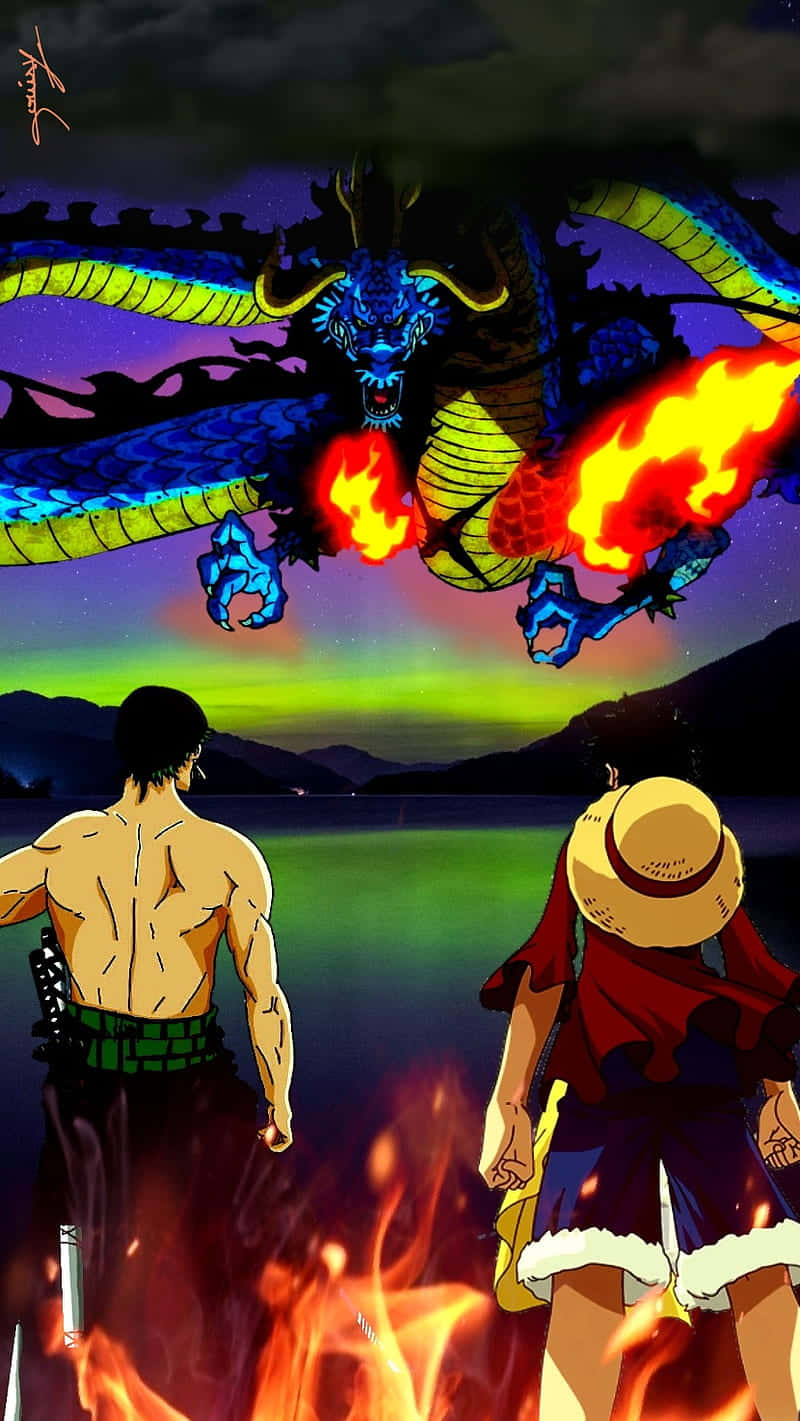 One Piece 5K, anime characters, colossal fiery dragon, HD Phone Wallpaper