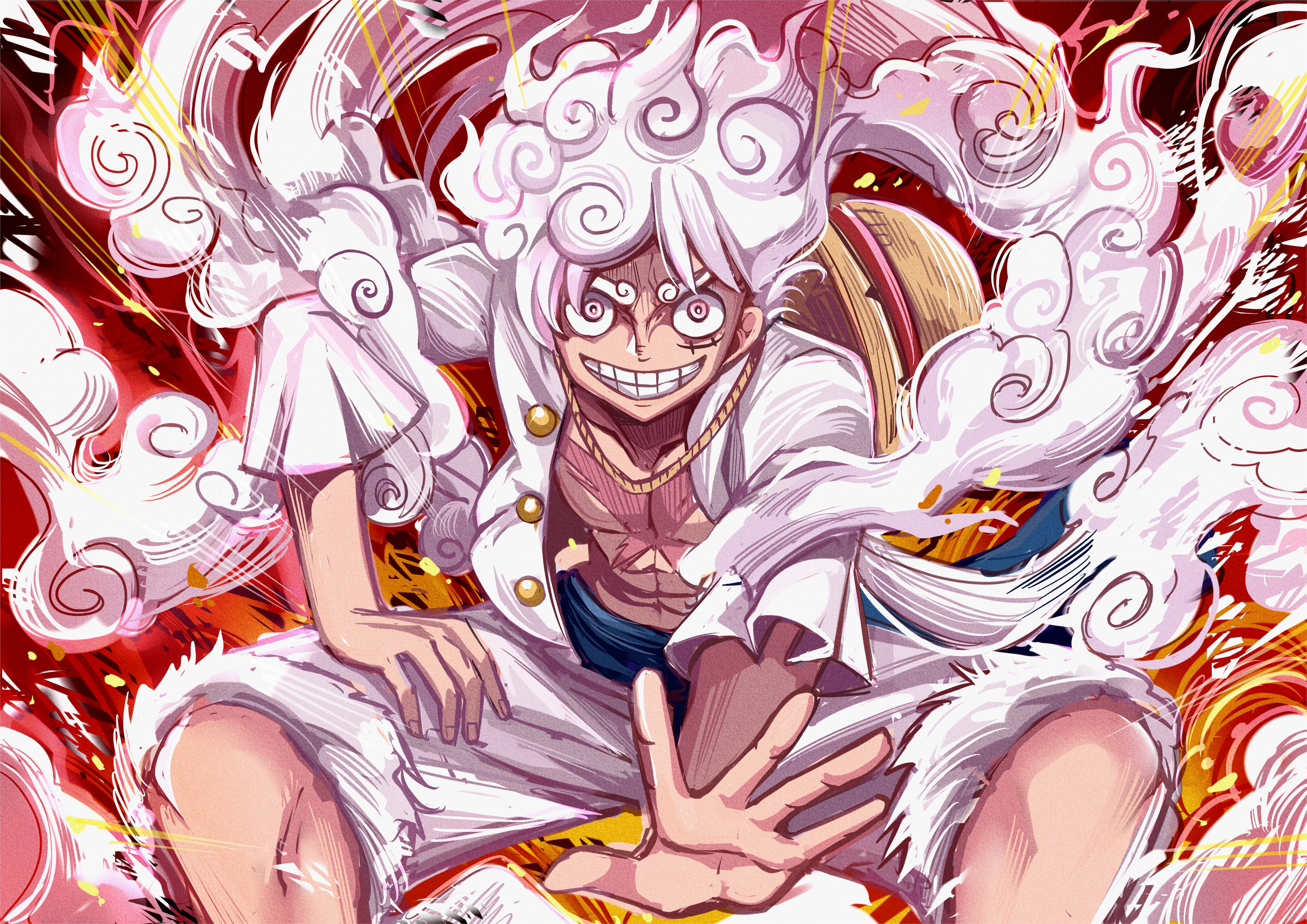 One Piece, white hair, swirling clouds, 4K Desktop Wallpaper