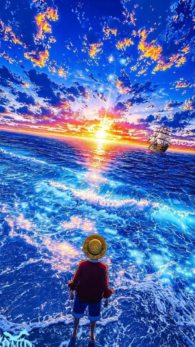 One Piece, straw hat, ocean's edge, SD Phone Wallpaper