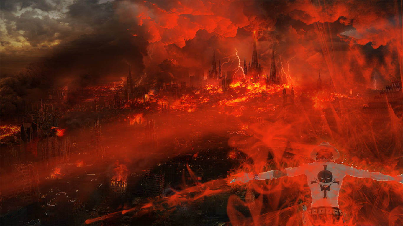 One Piece Ace, fiery landscape, glowing figure, HD Desktop Wallpaper