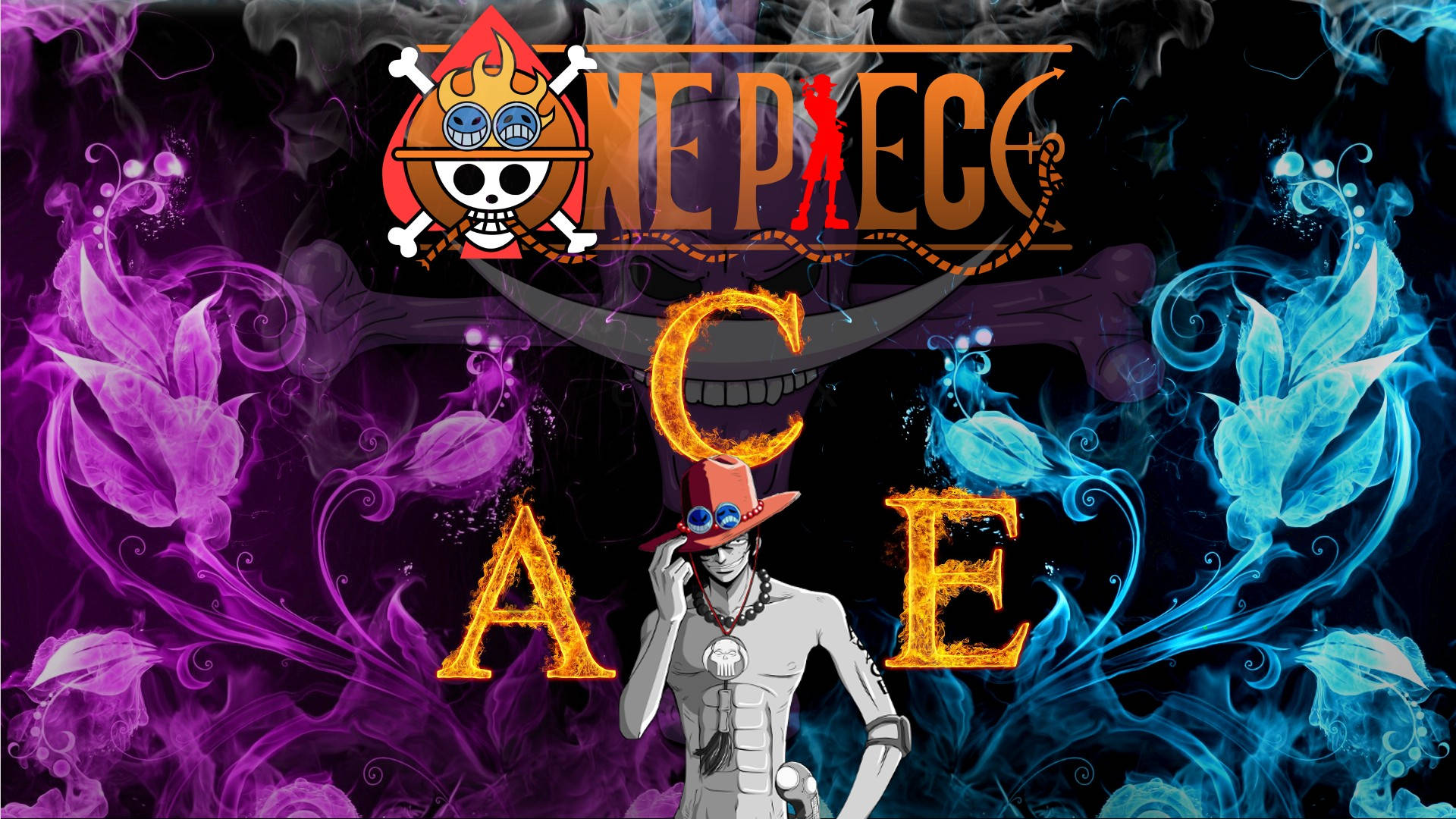 One Piece Ace, fiery orange letters, swirling purple and blue smoke, Full HD Desktop Wallpaper