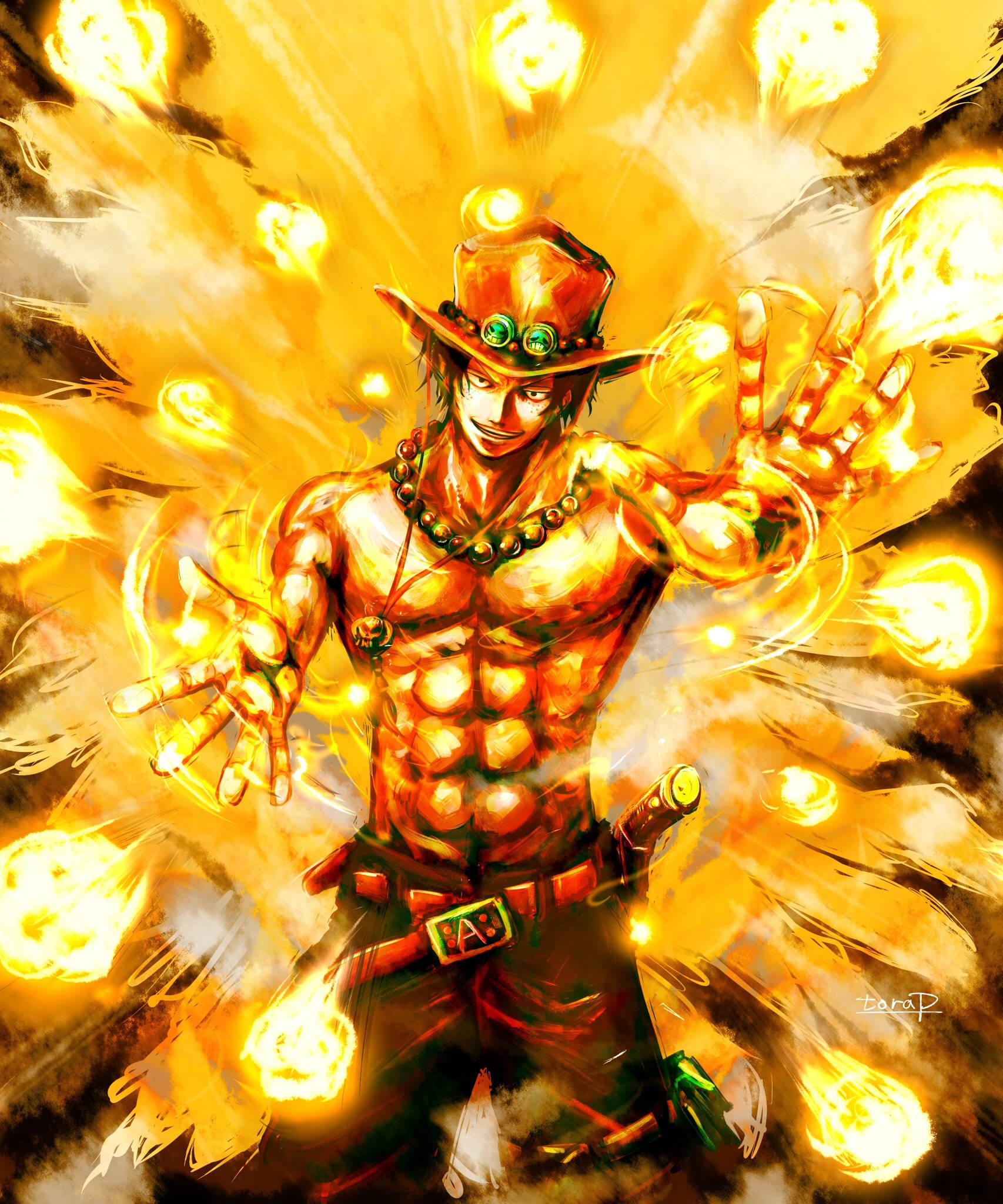 One Piece Ace, fire balls, muscular anime warrior, Full HD Phone Wallpaper
