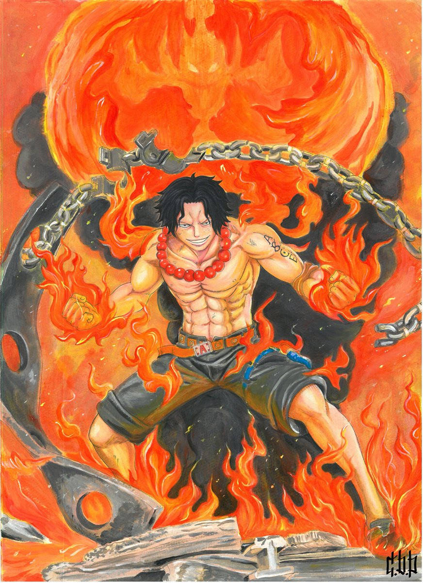 One Piece Ace, oil pastel, flaming chain, SD Phone Wallpaper