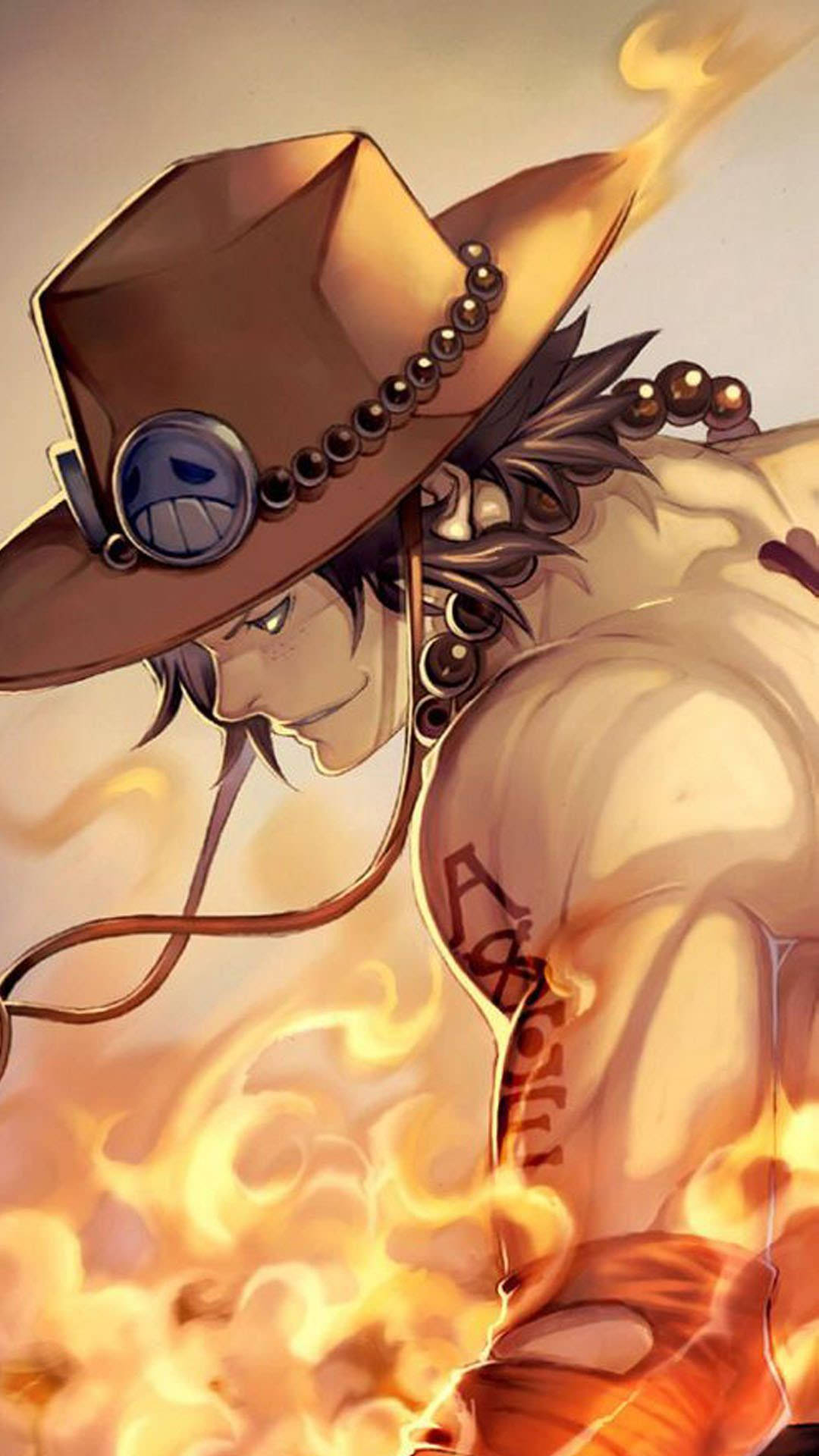 One Piece Ace, brown cowboy hat, fiery anime warrior, Full HD Phone Wallpaper