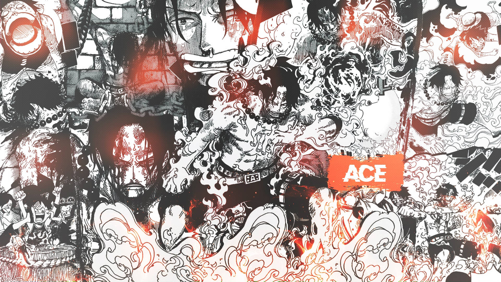 One Piece Ace, greyscale poster, red and black ink-style energy, Full HD Desktop Wallpaper