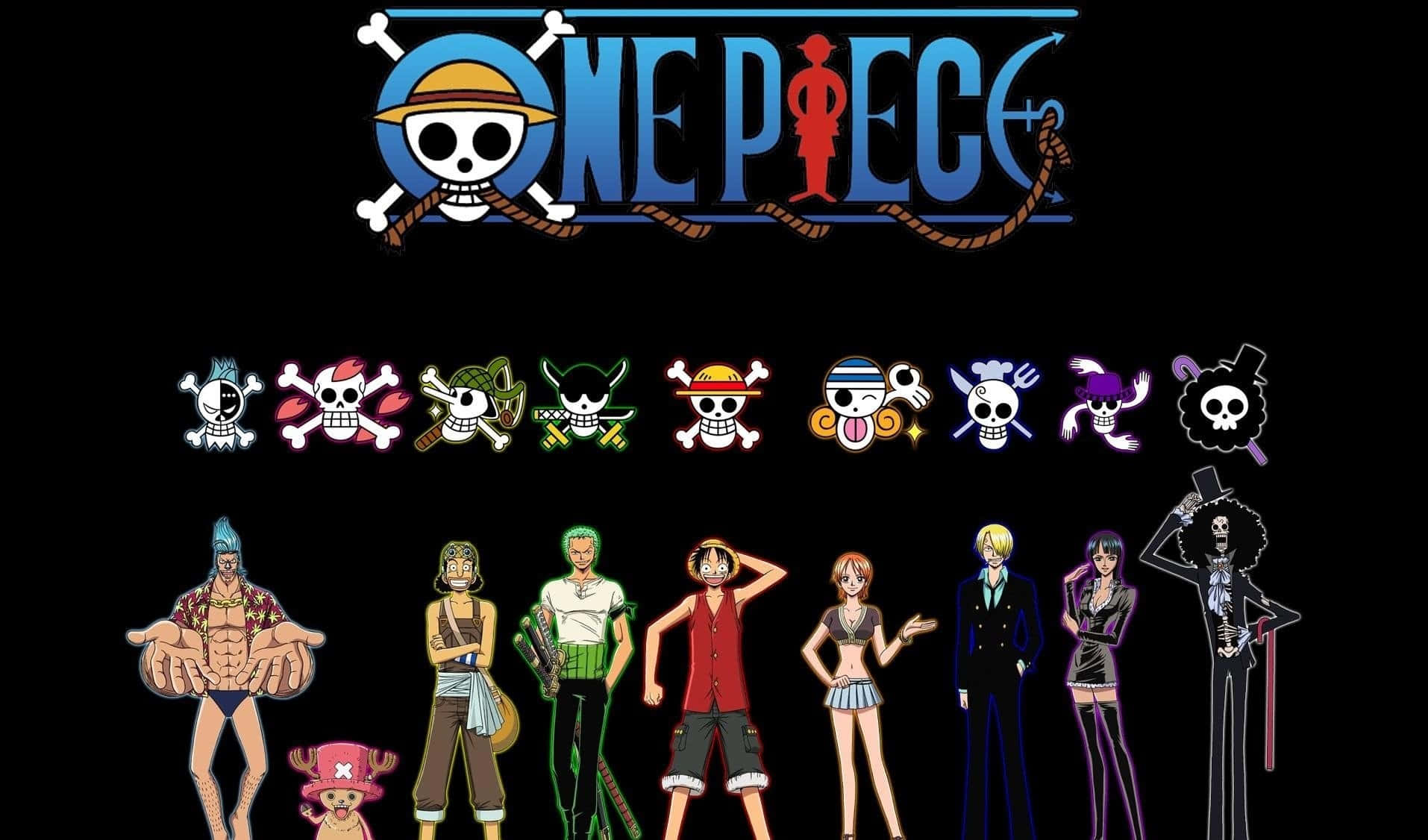One Piece Anime, skull and crossbones logo, black background, HD Desktop Wallpaper