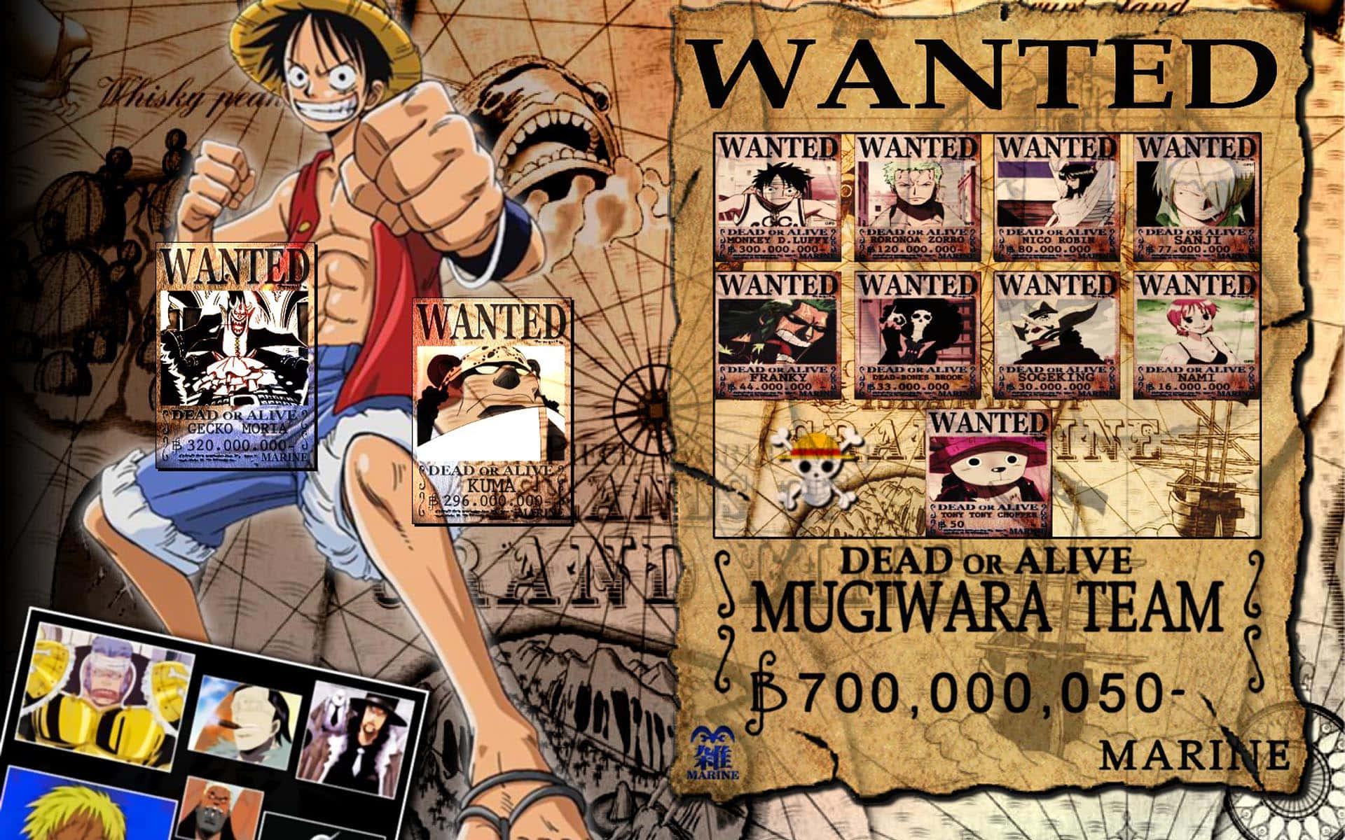 One Piece Anime, straw hat, wanted posters, Full HD Desktop Wallpaper