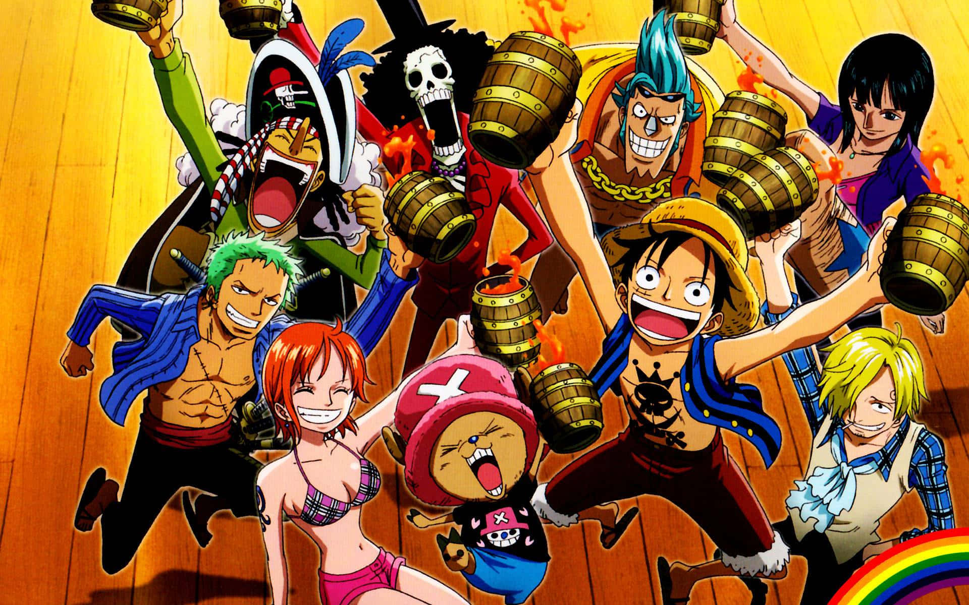 One Piece Anime, beer mugs, flaming barrels, Full HD Desktop Wallpaper