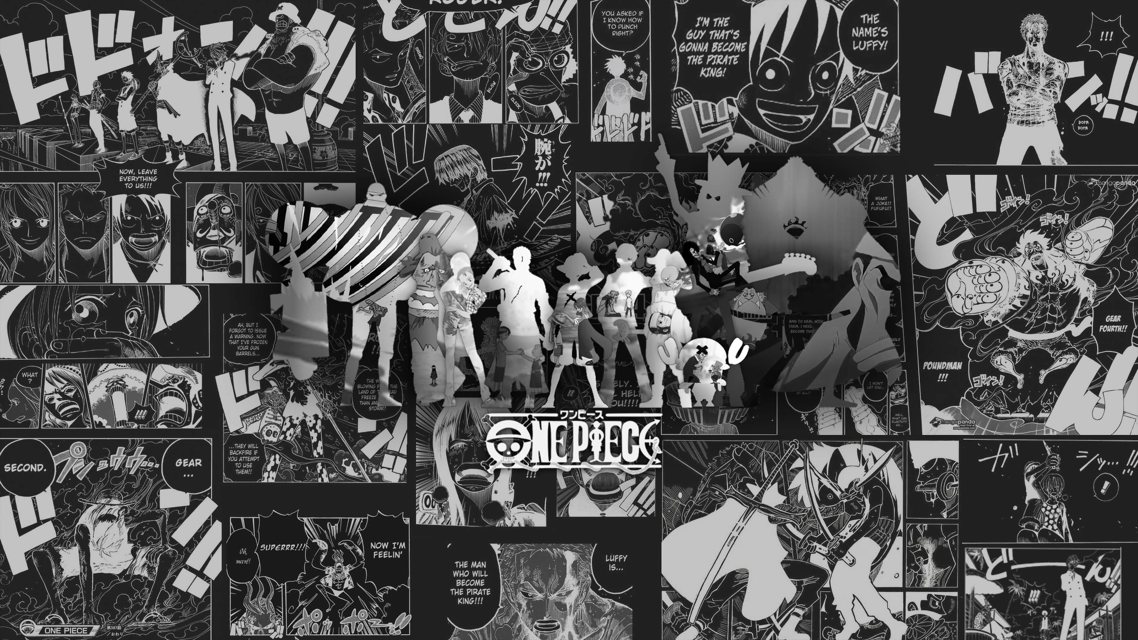 One Piece, black and white, manga collage, 4K Desktop Wallpaper