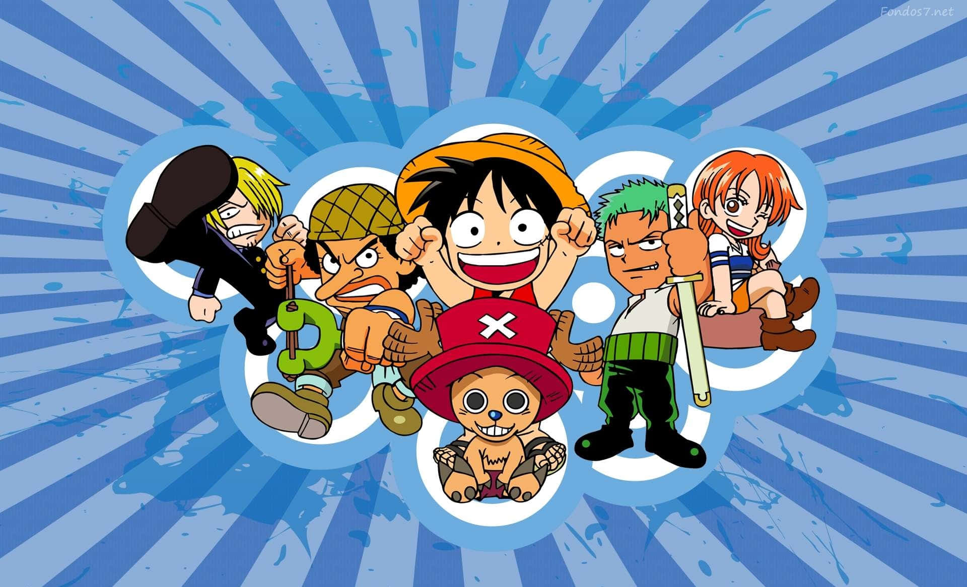 One Piece Chibi, blue radial burst background, anime group of pirates, Full HD Desktop Wallpaper