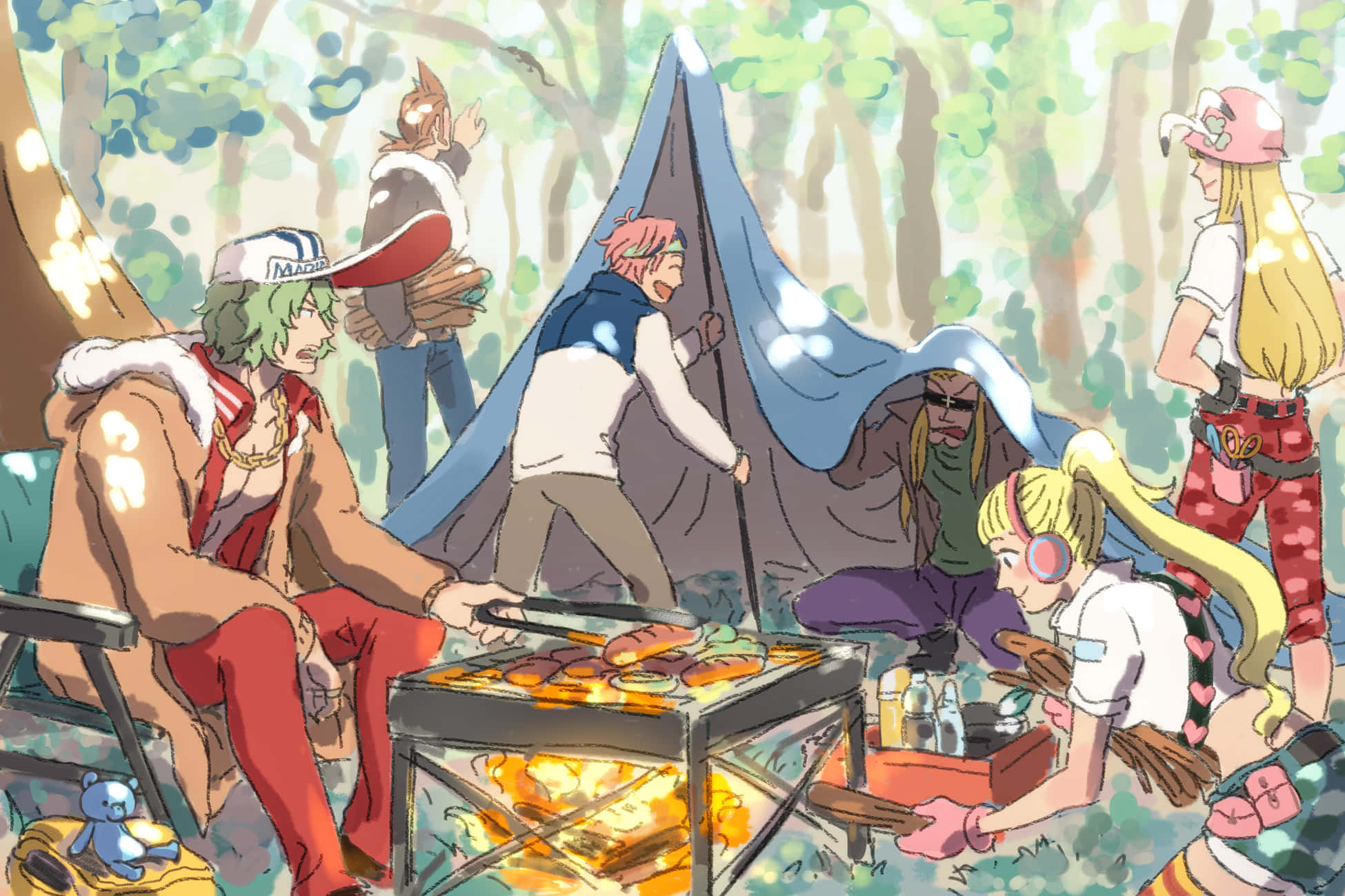 One Piece, campfire grill, sunlit forest clearing, Full HD Desktop Wallpaper