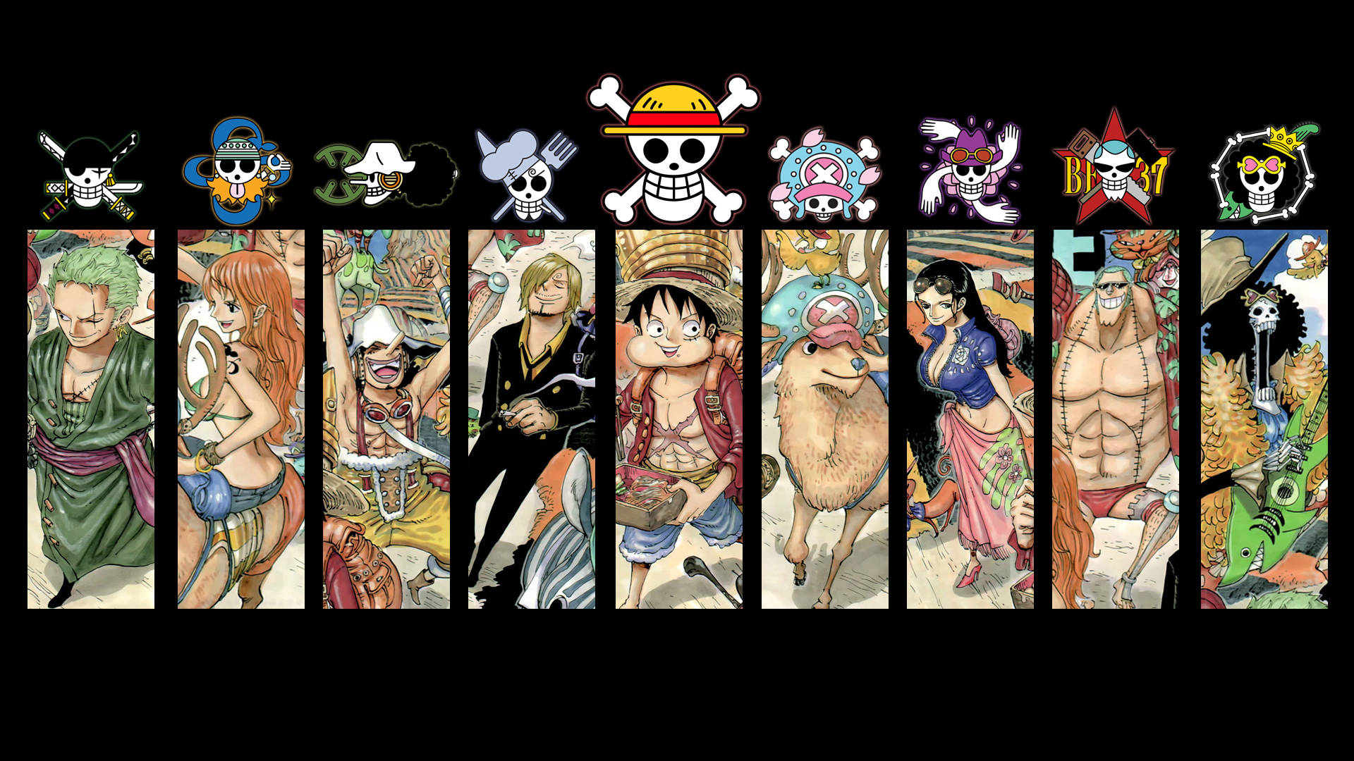 One Piece, skull logos, black background, Full HD Desktop Wallpaper