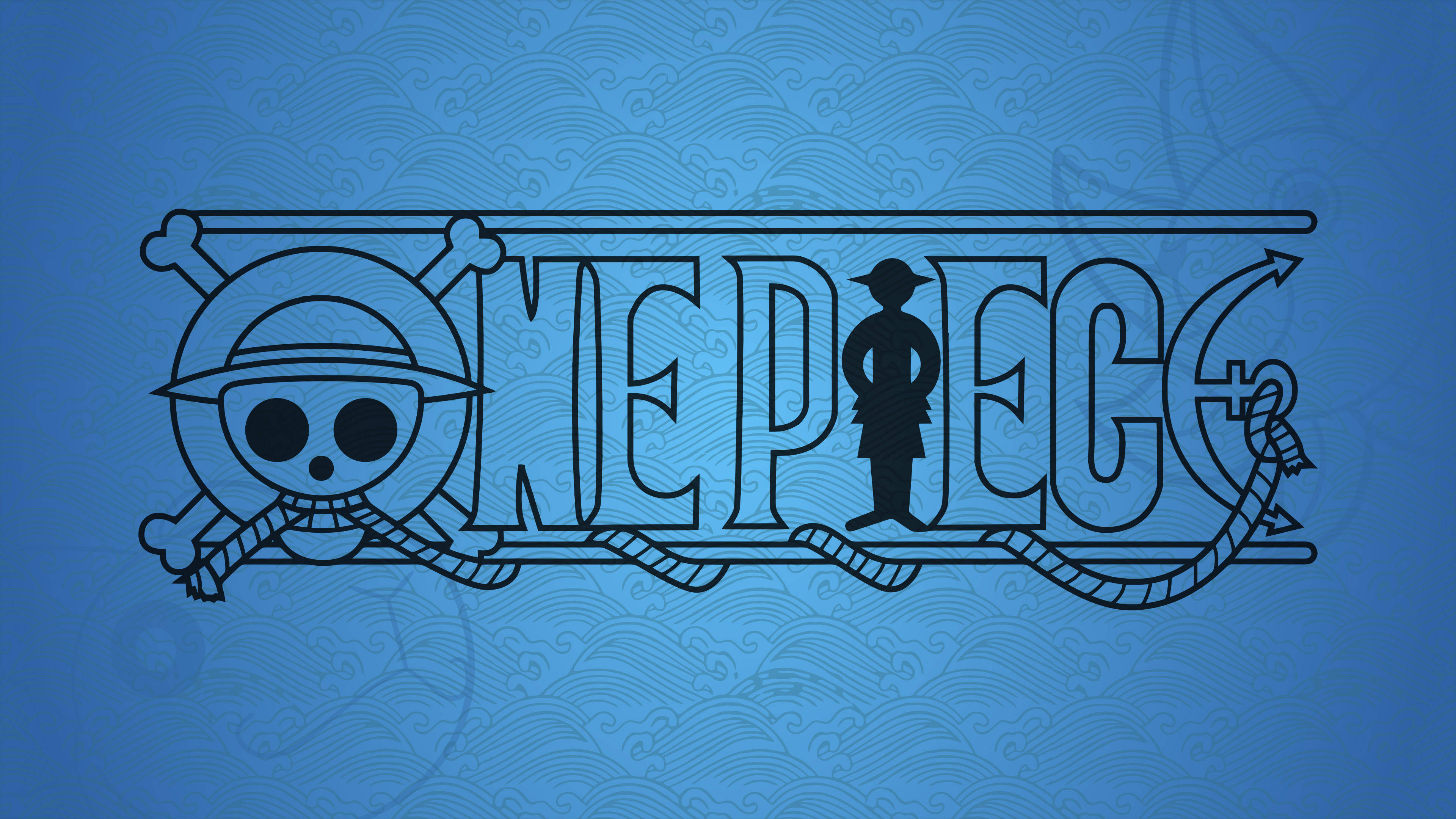 One Piece, blue wave pattern, black line art, 4K Desktop Wallpaper